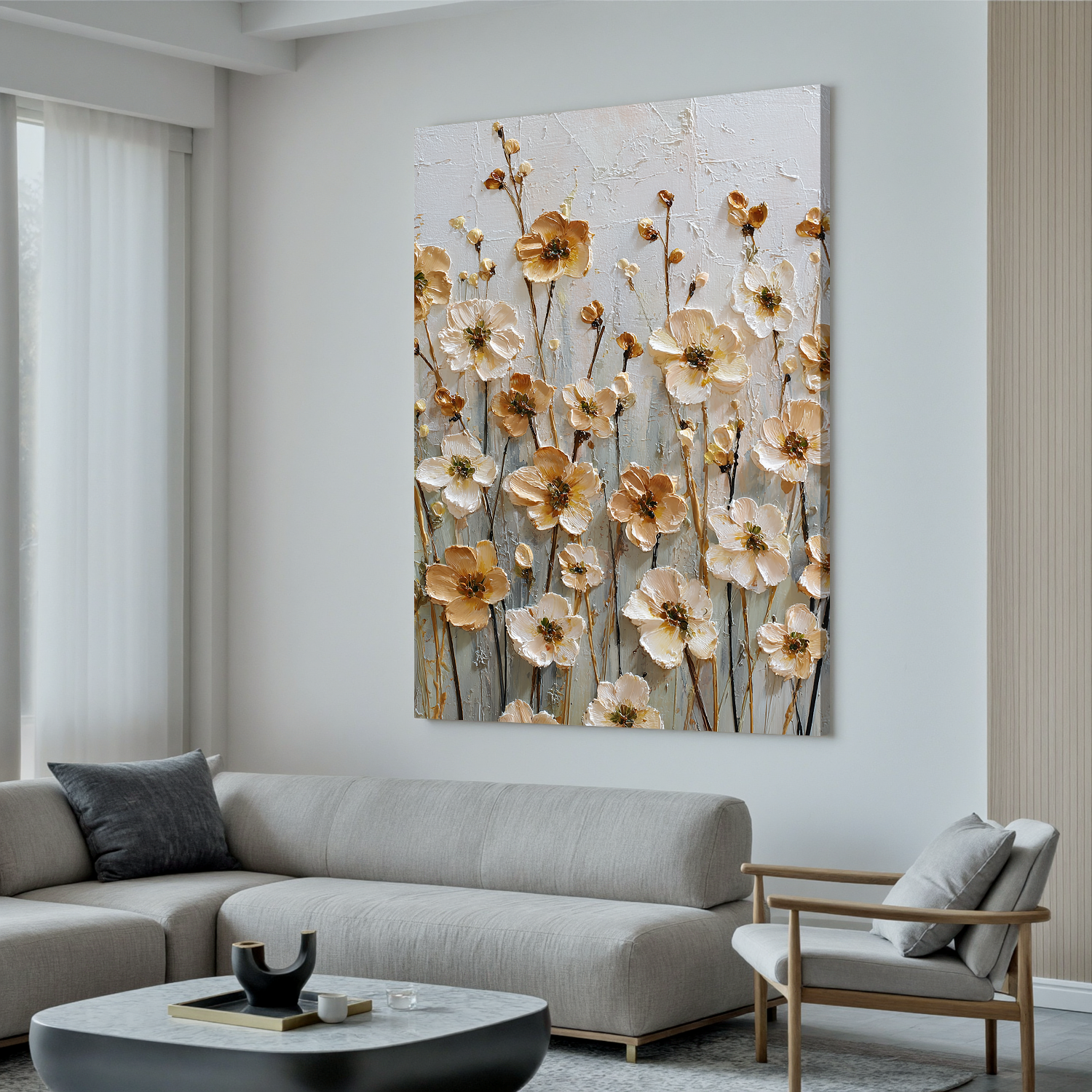 Vertical Floral Canvas Wall Art – Elegant Neutral Flower Painting for Bedroom & Modern Home Decor#OA 0846