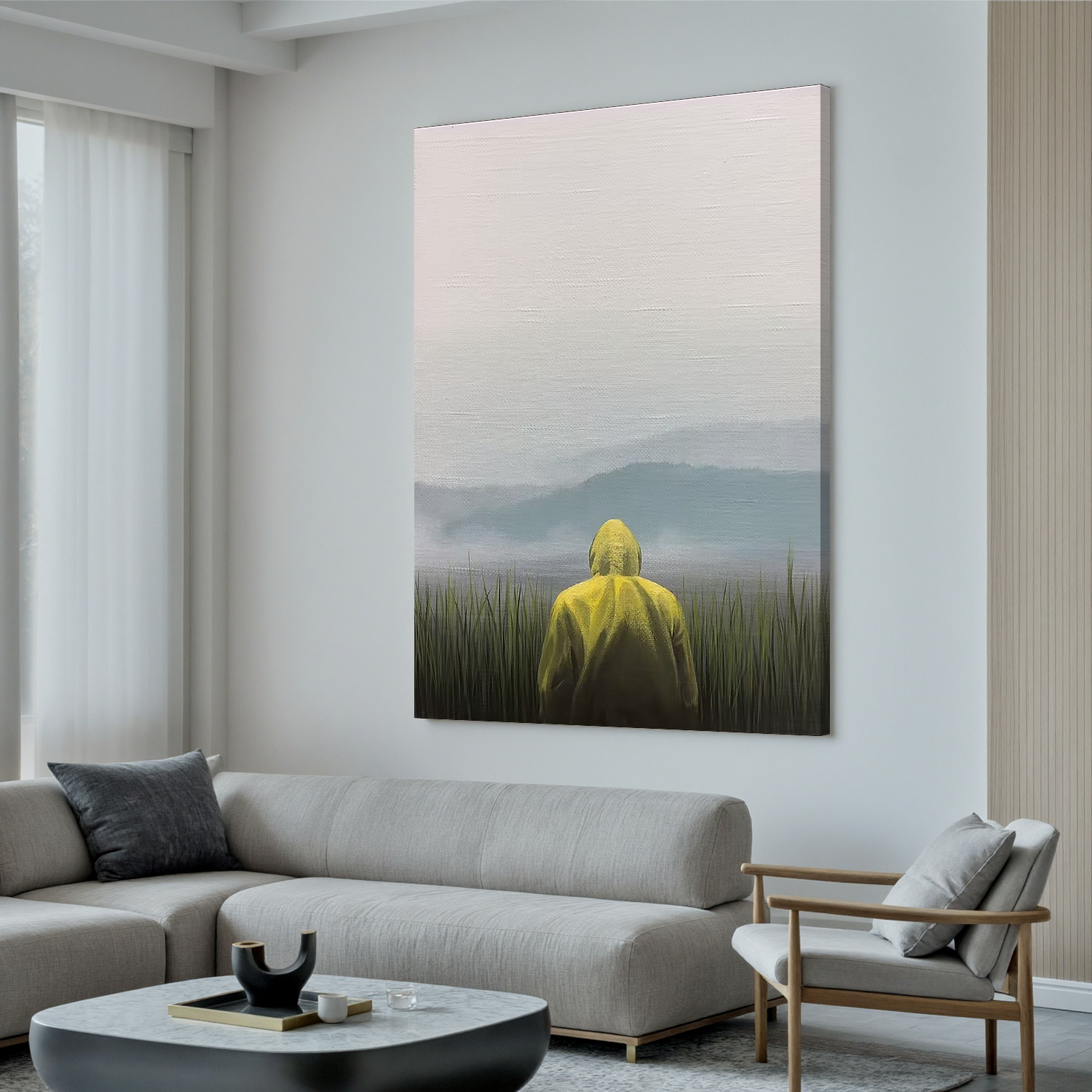 Misty Lake Landscape Wall Art with Yellow Raincoat Figure – Minimalist Nature Canvas for Living Room Decor #OA 0807