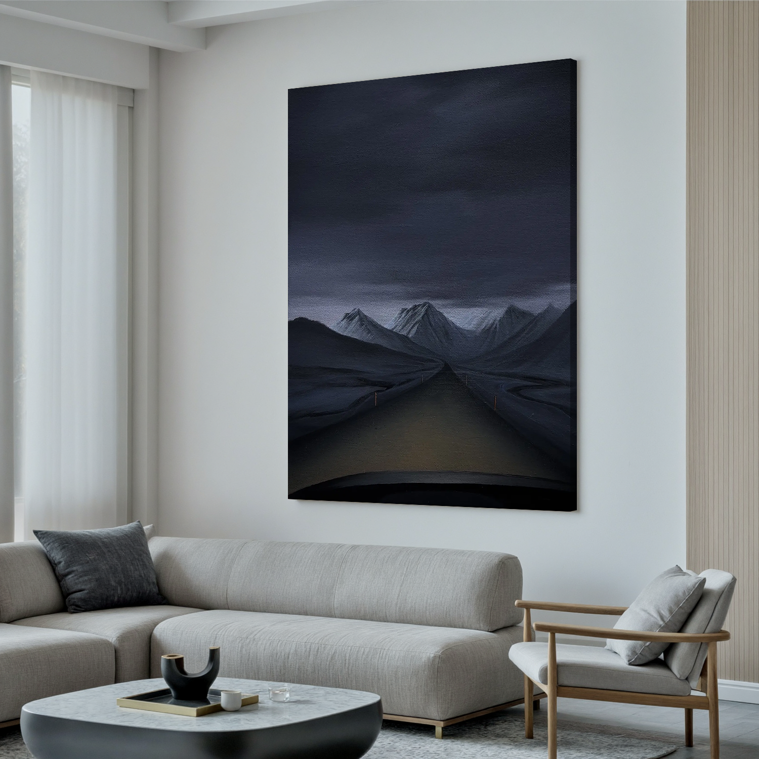 Moody Mountain Road Wall Art, Dark Snowy Peaks Landscape Canvas Painting for Modern Living Room Decor #OA 0744