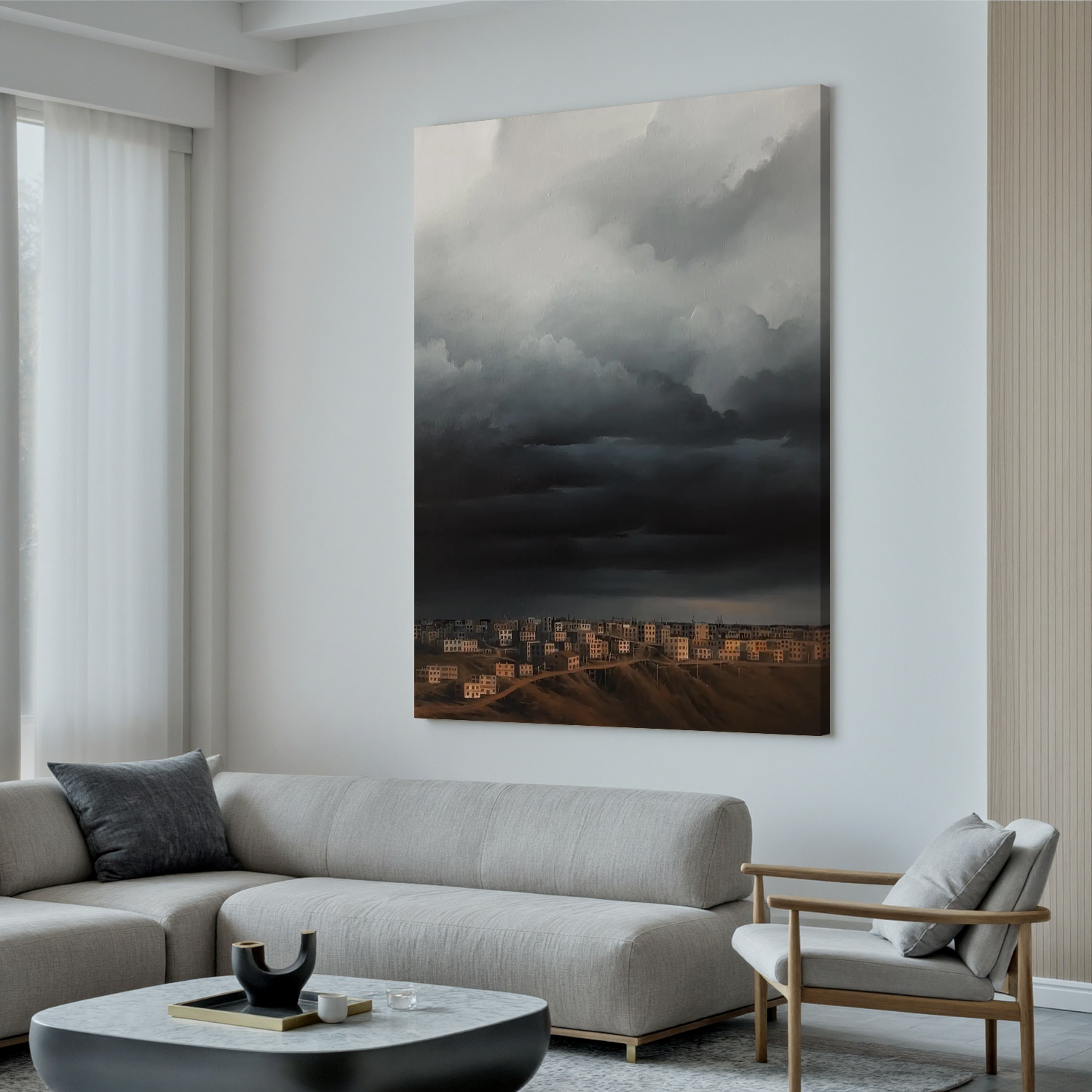 Dramatic Storm Clouds Over City Wall Art, Moody Urban Landscape Canvas Painting for Living Room Decor #OA 0760