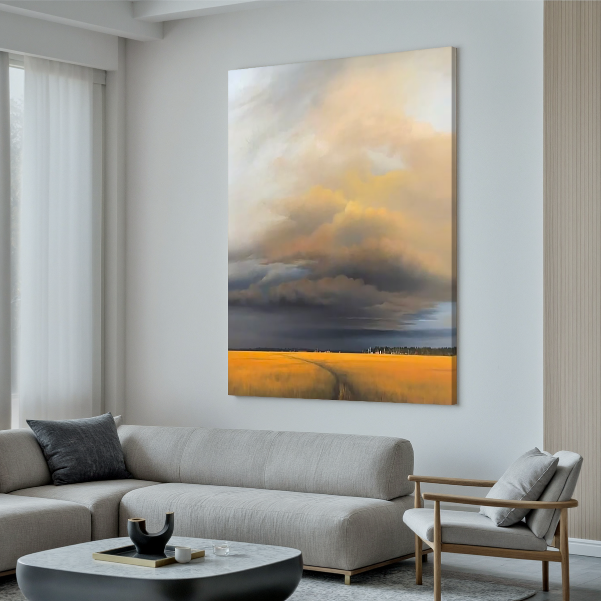 Dramatic Sky Over Golden Wheat Field Wall Art, Rustic Countryside Landscape Canvas Painting for Living Room Decor #OA 0728