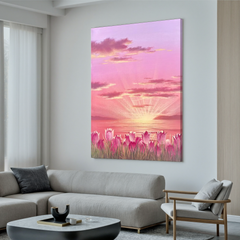 Pink Tulip Sunset Wall Art, Romantic Floral Landscape Canvas Painting, Dreamy Lake Sunrise Decor for Living Room Bedroom #OA 0785