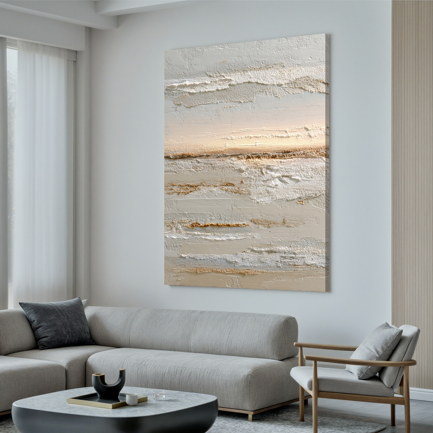 Neutral Abstract Landscape Canvas Wall Art – Textured Cream and Beige Minimalist Painting for Living Room Decor#OA 0858