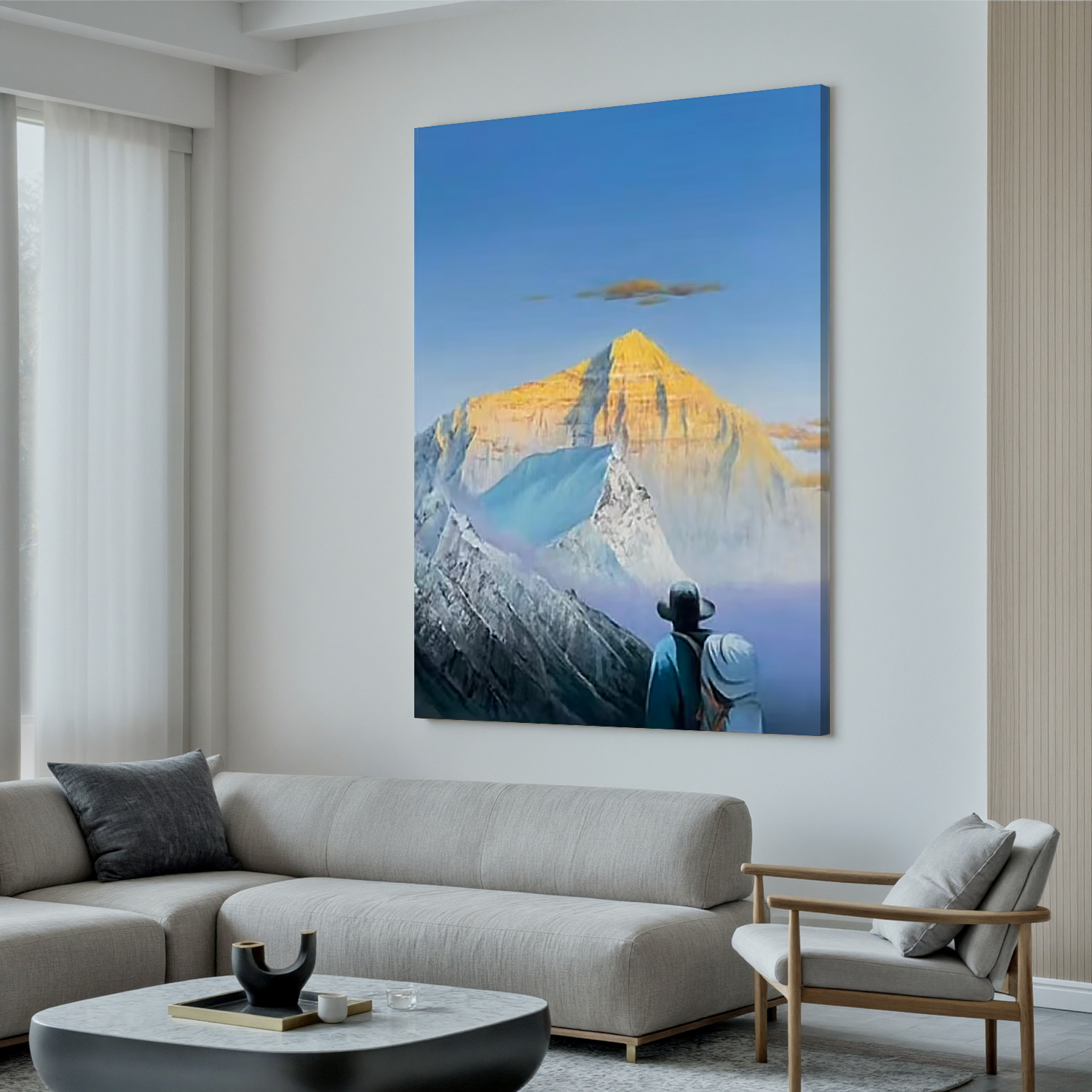 Golden Sunrise Snow Mountain Wall Art, Majestic Alpine Landscape Canvas Painting with Explorer for Living Room Decor #OA 0770