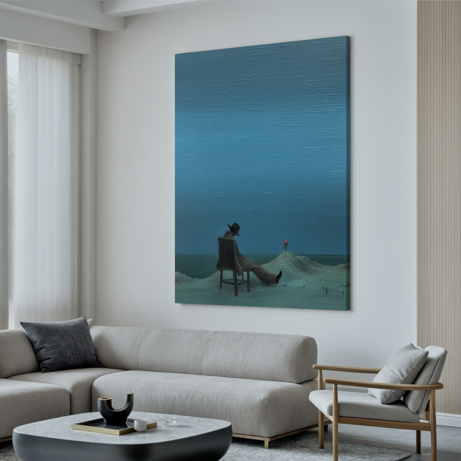 Surreal Minimalist Wall Art, Lonely Man with Red Flower Canvas Painting for Modern Living Room Decor #OA 0763