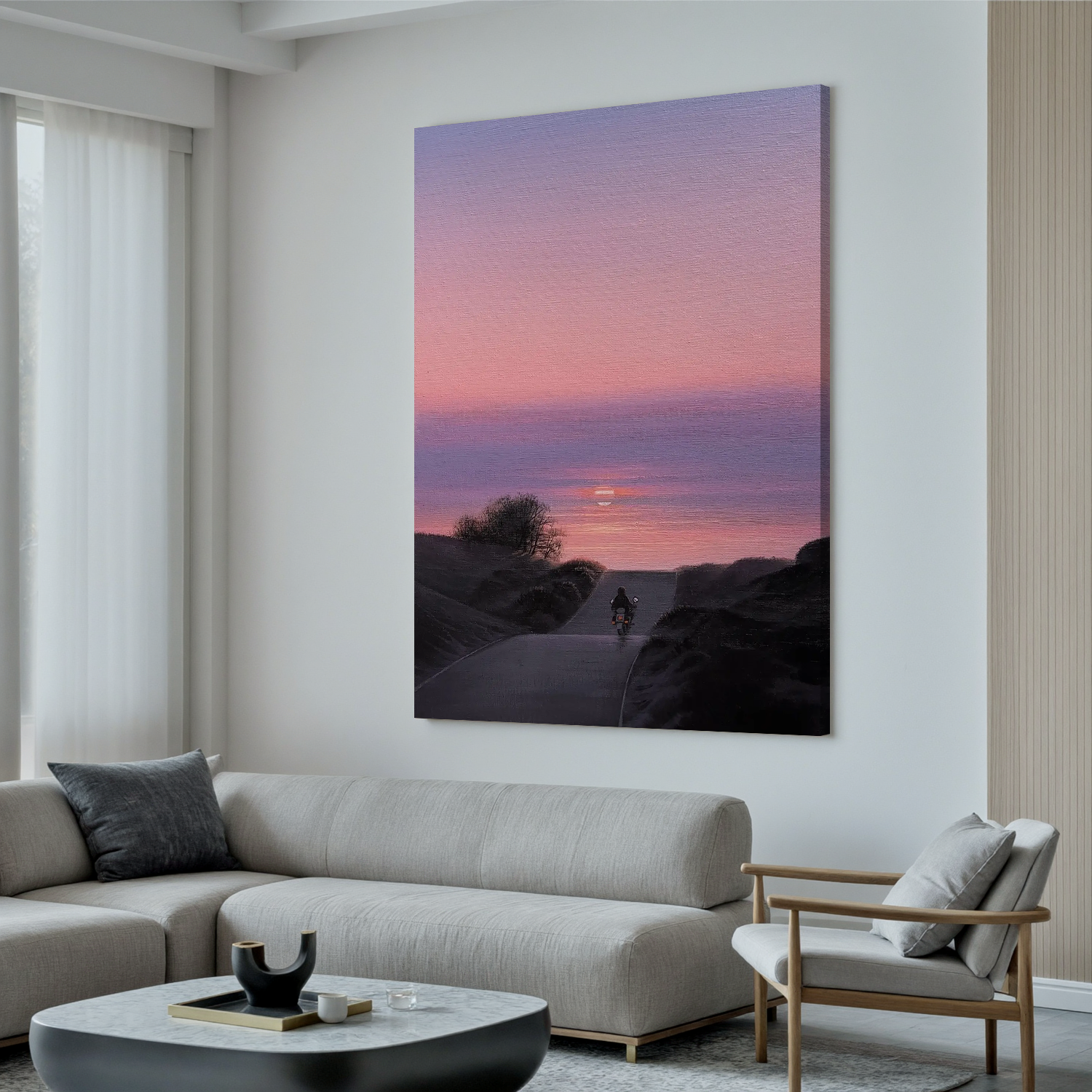 Sunset Motorcycle Road Wall Art, Romantic Pink and Purple Sky Landscape Canvas for Living Room Decor #OA 0741