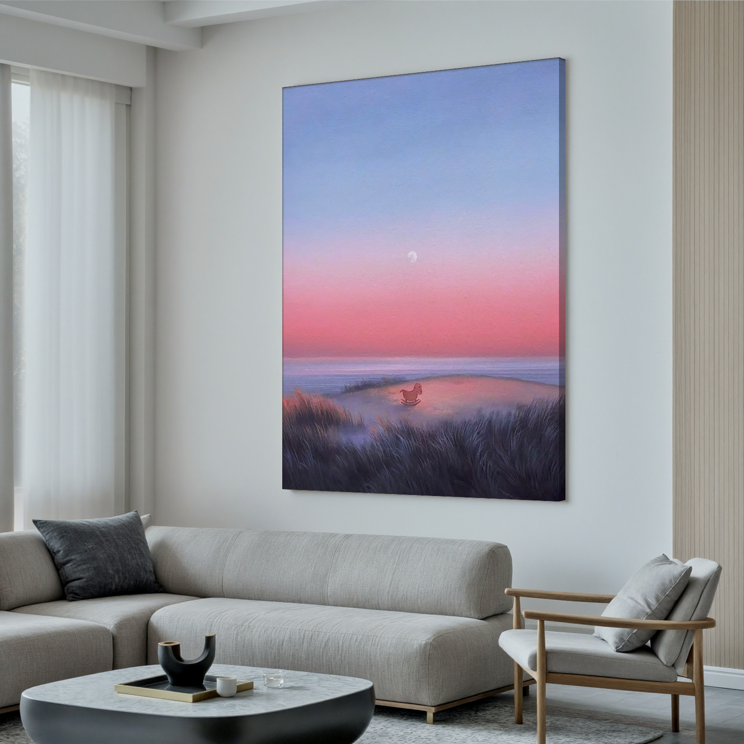 Dreamy Coastal Sunset Wall Art with Rocking Horse, Pastel Pink and Blue Seascape Canvas for Nursery or Living Room Decor #OA 0733