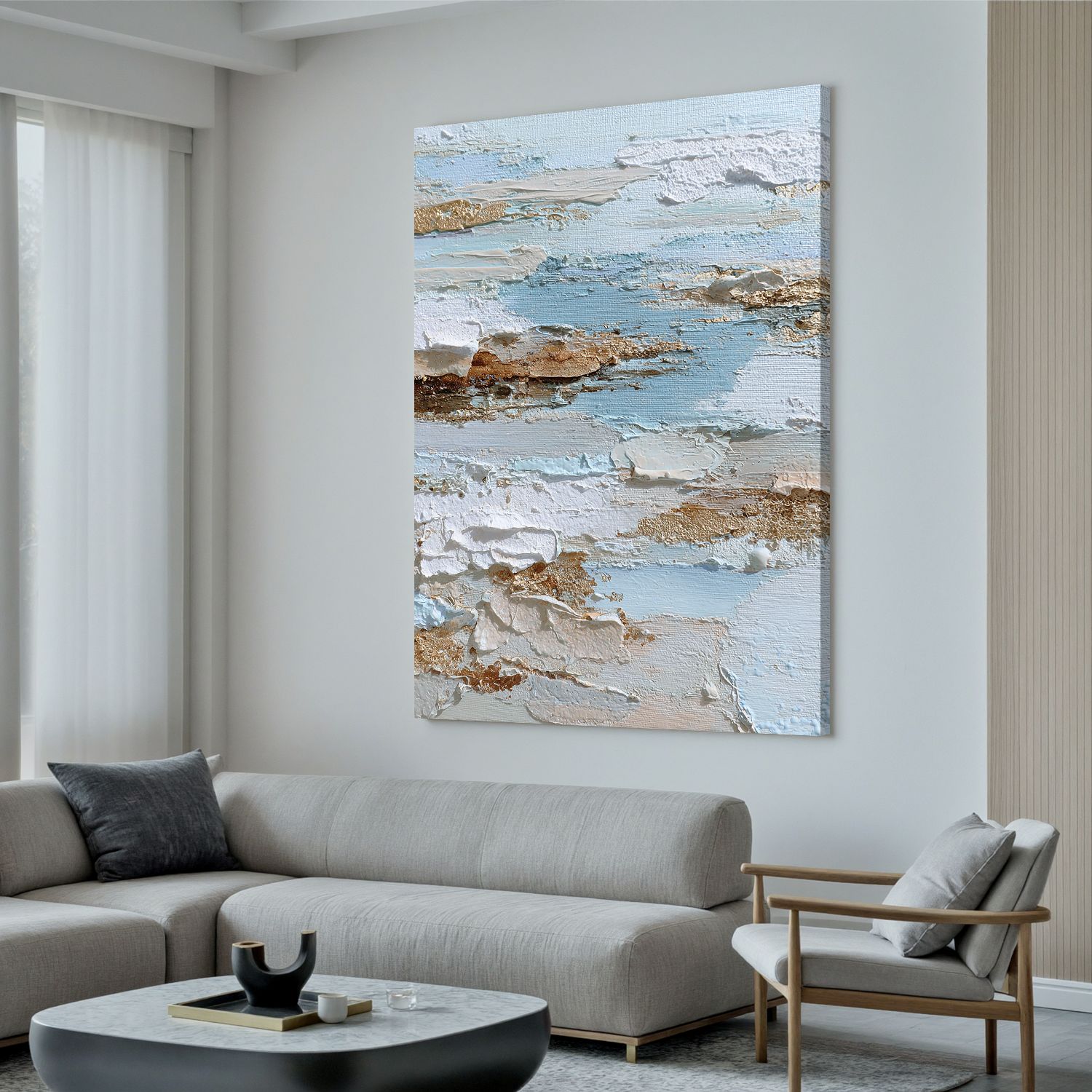 Vertical Abstract Coastal Canvas Wall Art – Light Blue & Neutral Texture Seascape Painting for Modern Home Decor#OA 0844