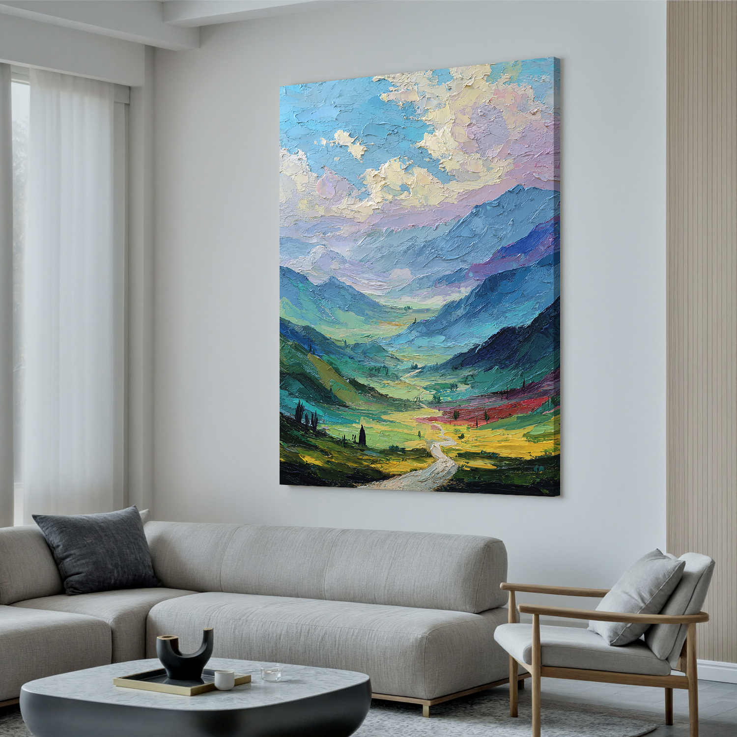 Colorful Mountain Landscape Oil Painting – Textured Valley Canvas Wall Art for Living Room Decor#OA 0883