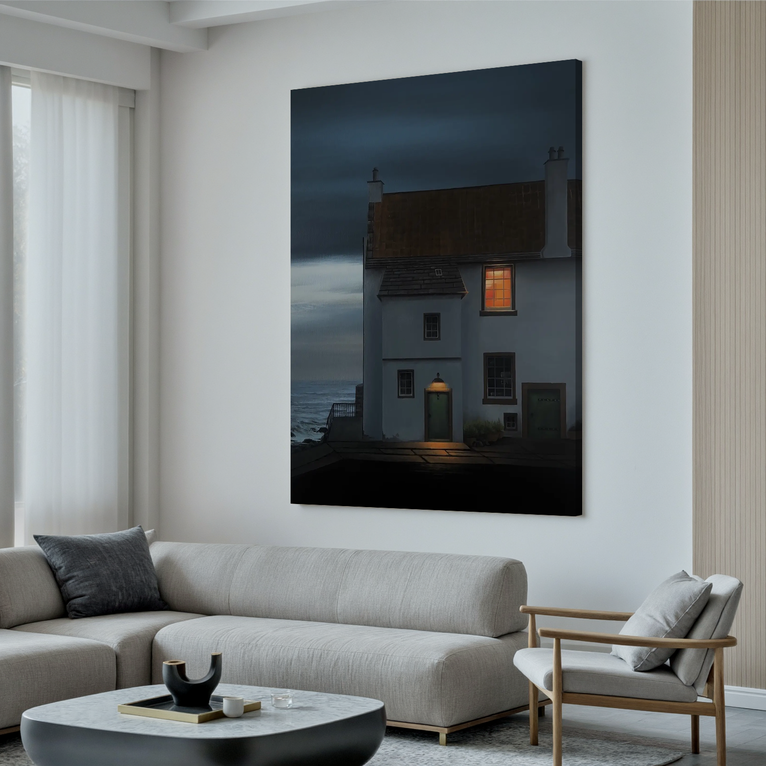 Coastal Cottage at Night Wall Art, Moody Seaside House with Warm Window Light Canvas for Living Room Decor #OA 0752
