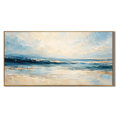 Ownanart Hand-Painted Textured Seascape Oil Painting – Blue Ocean Waves & Cream Sky, Horizontal Coastal Wall Art #OA 1412