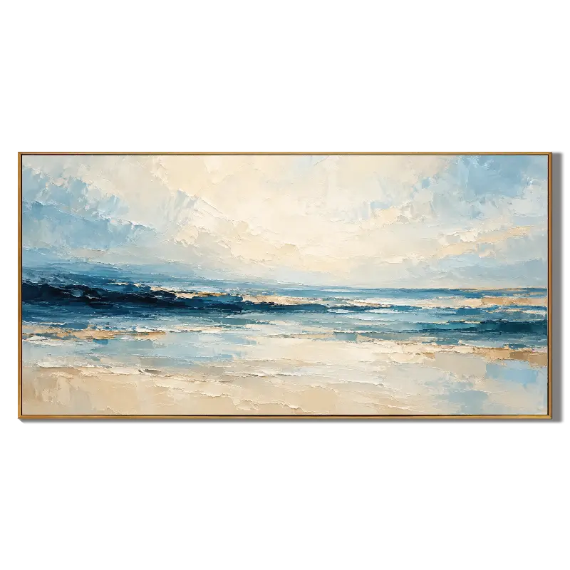 Ownanart Hand-Painted Textured Seascape Oil Painting – Blue Ocean Waves & Cream Sky, Horizontal Coastal Wall Art #OA 1412