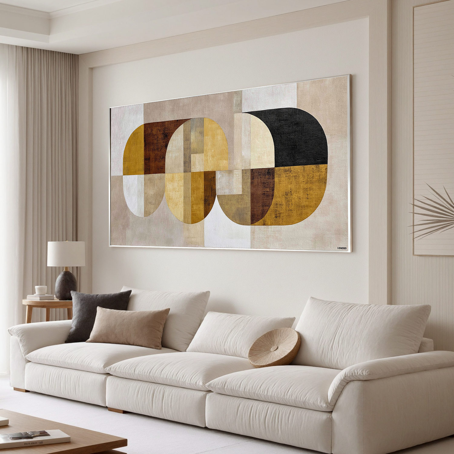 Mid Century Modern Geometric Abstract Canvas Wall Art – Neutral Beige Mustard Yellow Horizontal Painting for Living Room Decor#OA 0865