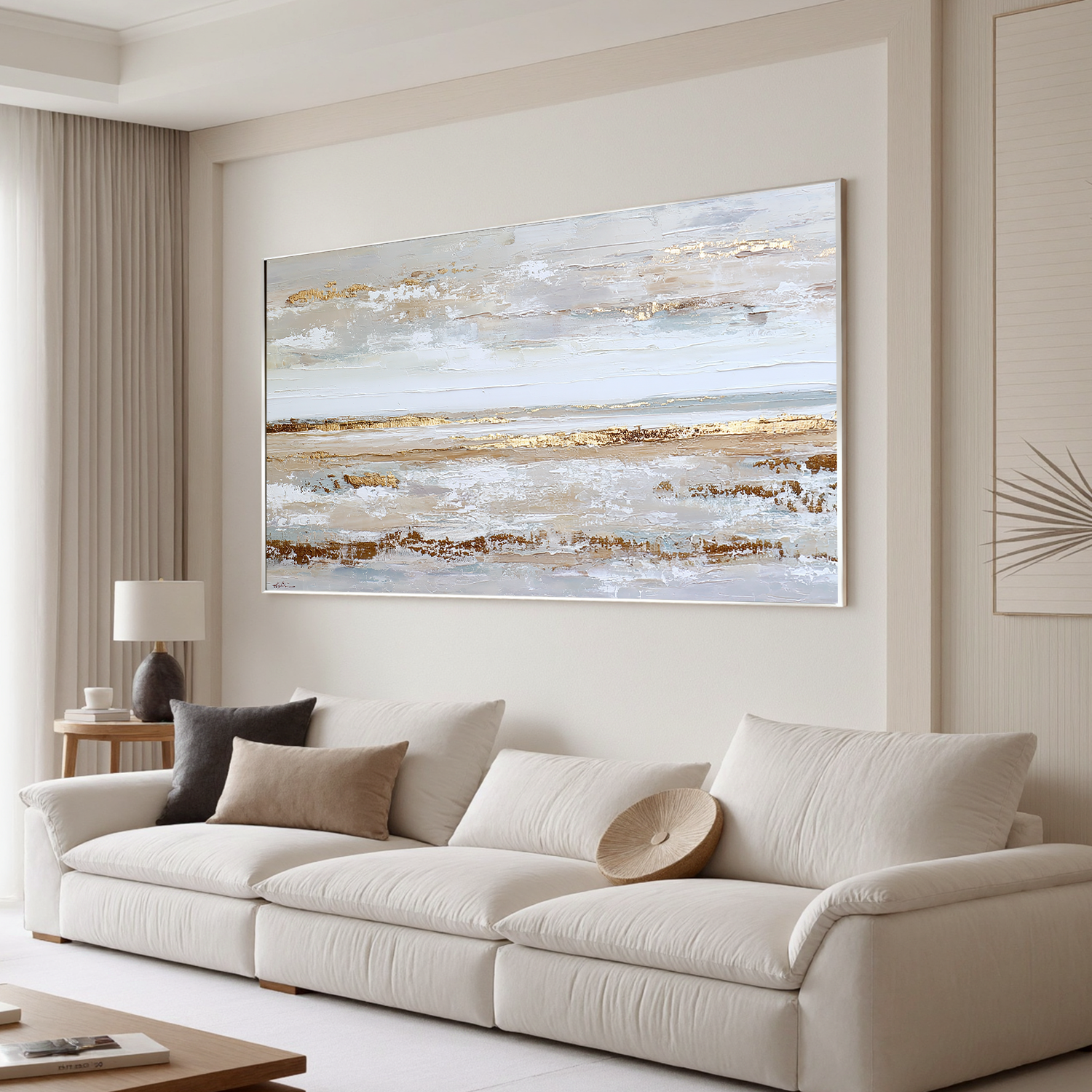 Large Coastal Abstract Canvas Wall Art – Textured Neutral Beige Ocean Landscape Painting for Living Room Decor#OA 0859