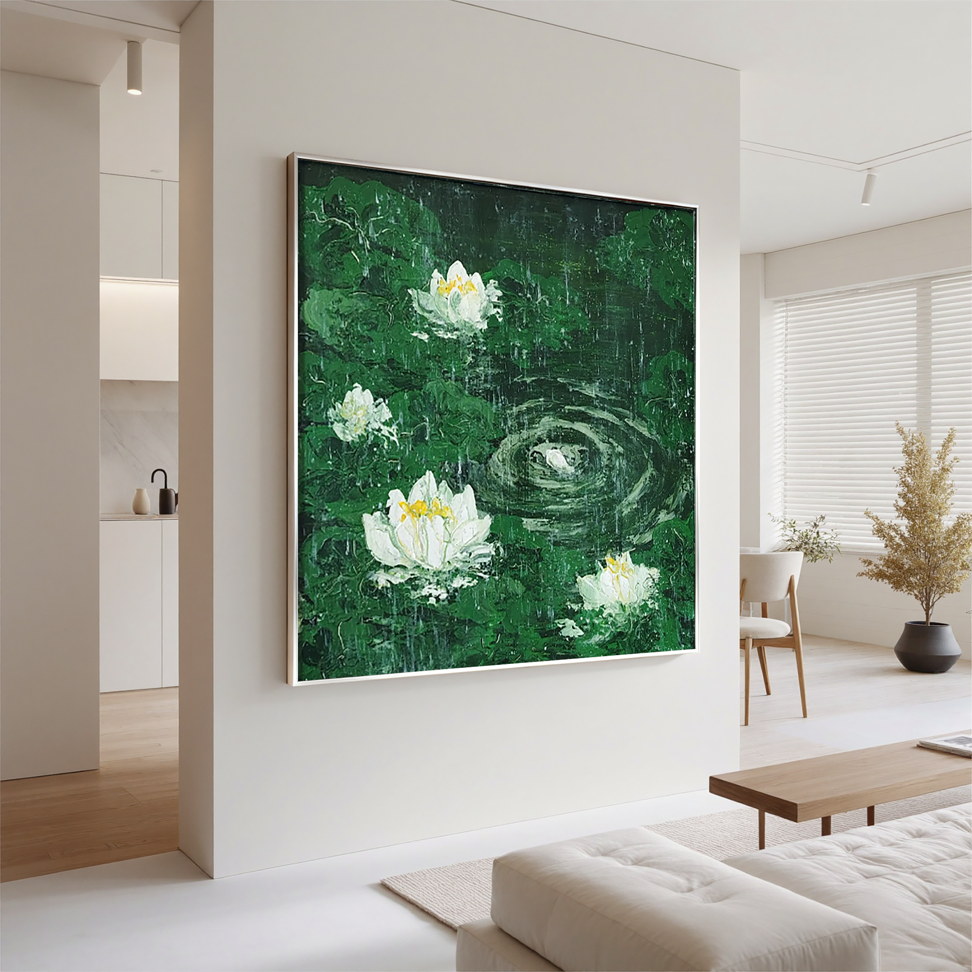 White Lotus Oil Painting, Green Rain Pond Floral Wall Art for Living Room Decor#OA 0606