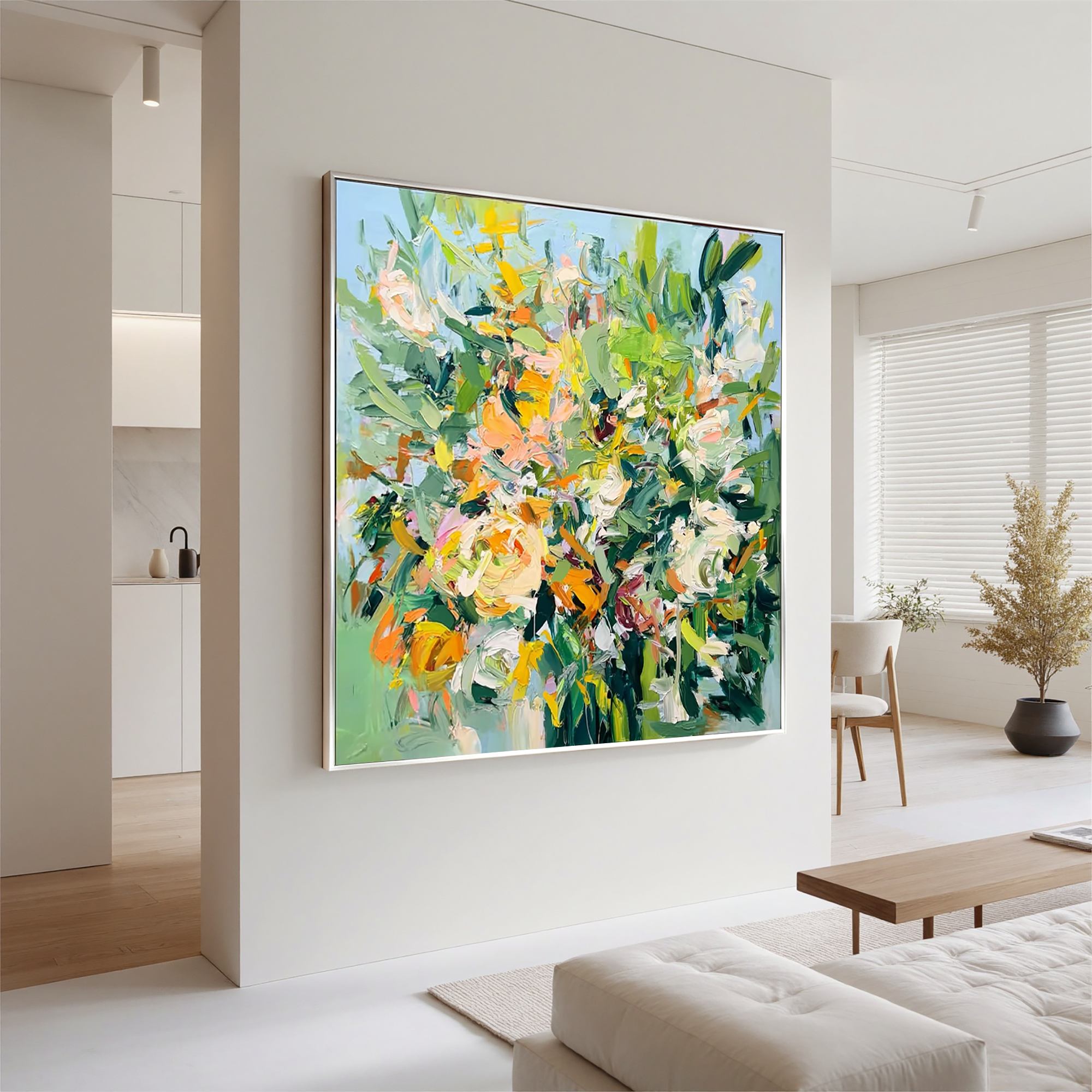 Colorful Abstract Floral Wall Art, Green and Pink Flower Canvas Painting for Living Room Décor #OA 0406