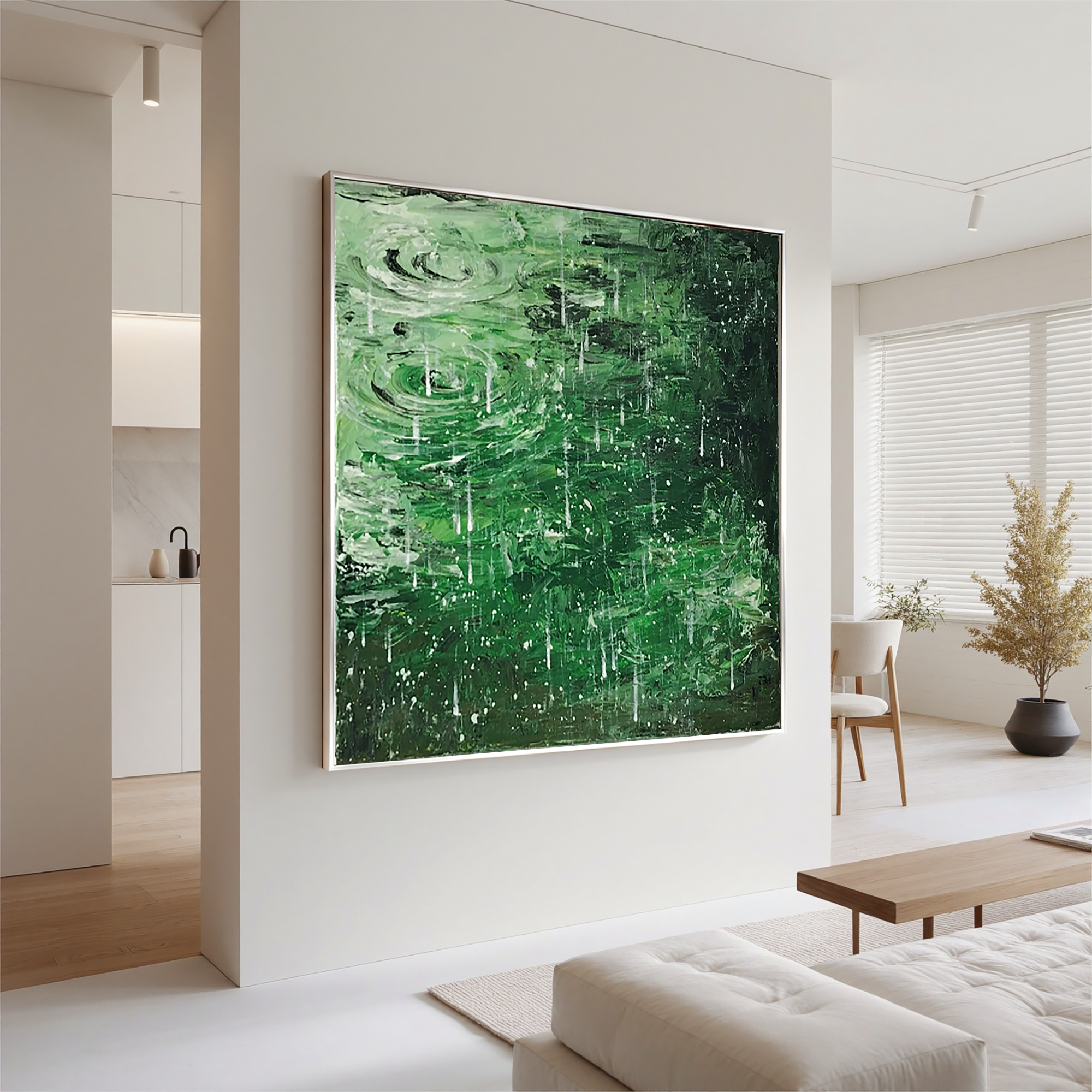 Dark Green Rain Ripple Oil Painting, Abstract Water Wall Art for Living Room Decor#OA 0612