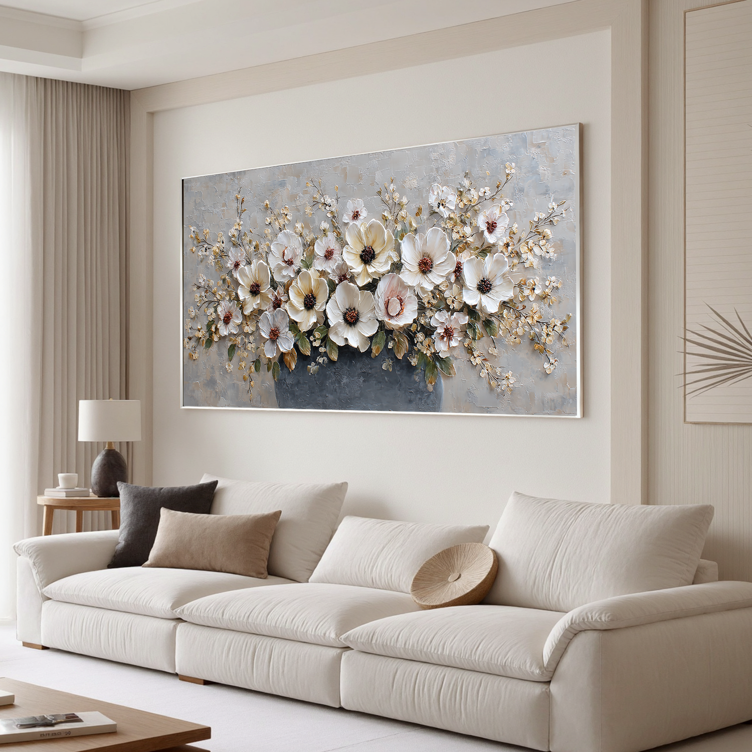 Large Floral Canvas Wall Art – Elegant White Flower Bouquet Painting in Vase for Living Room Decor#OA 0845