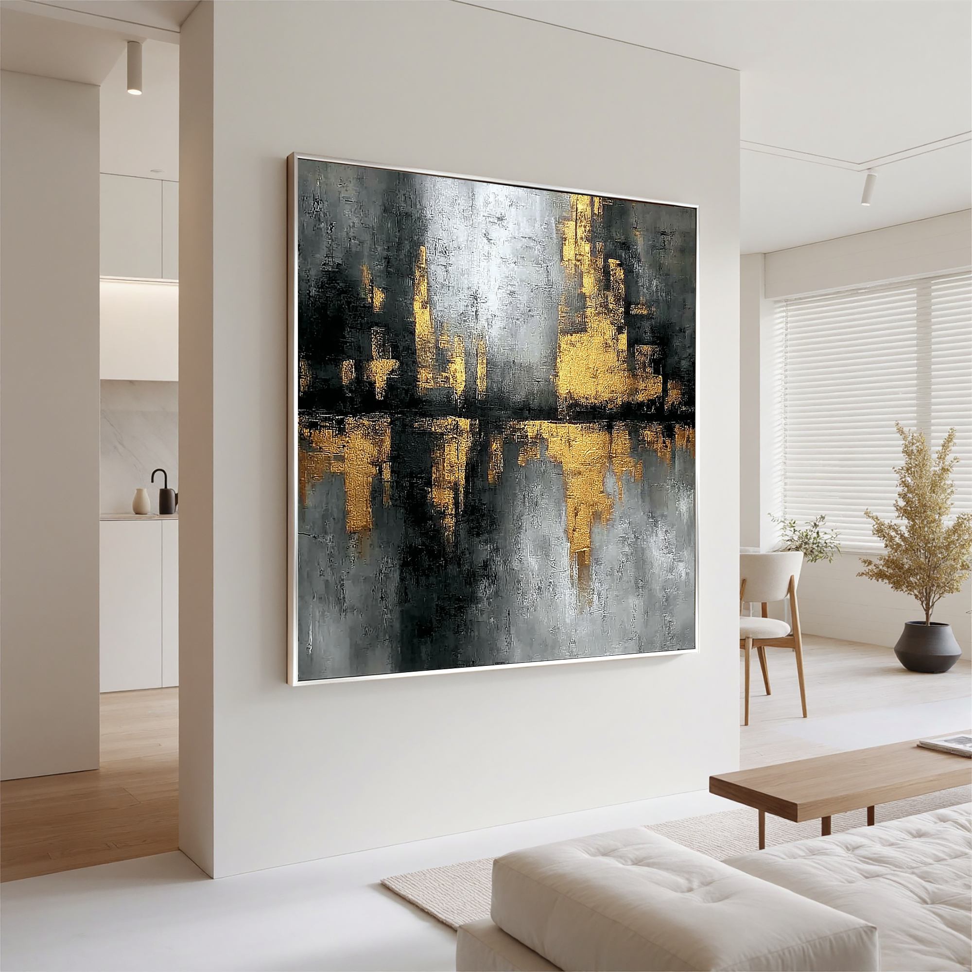 Black and Gold Abstract Cityscape Wall Art, Luxury Textured Canvas Painting for Modern Living Room Décor #OA 0410