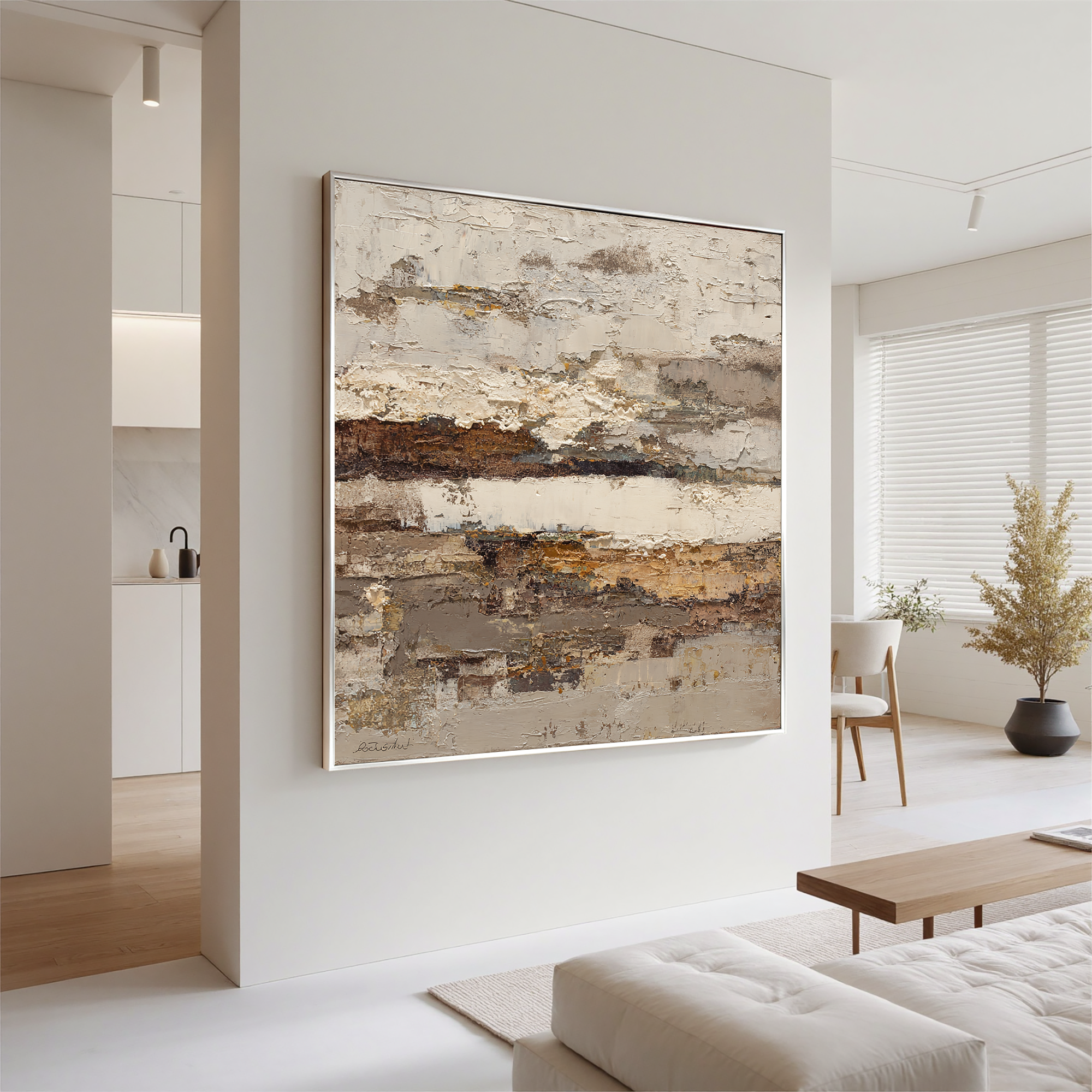 Large Horizontal Neutral Abstract Wall Art – Beige Brown Textured Canvas for Modern Living Room Decor#OA 0829