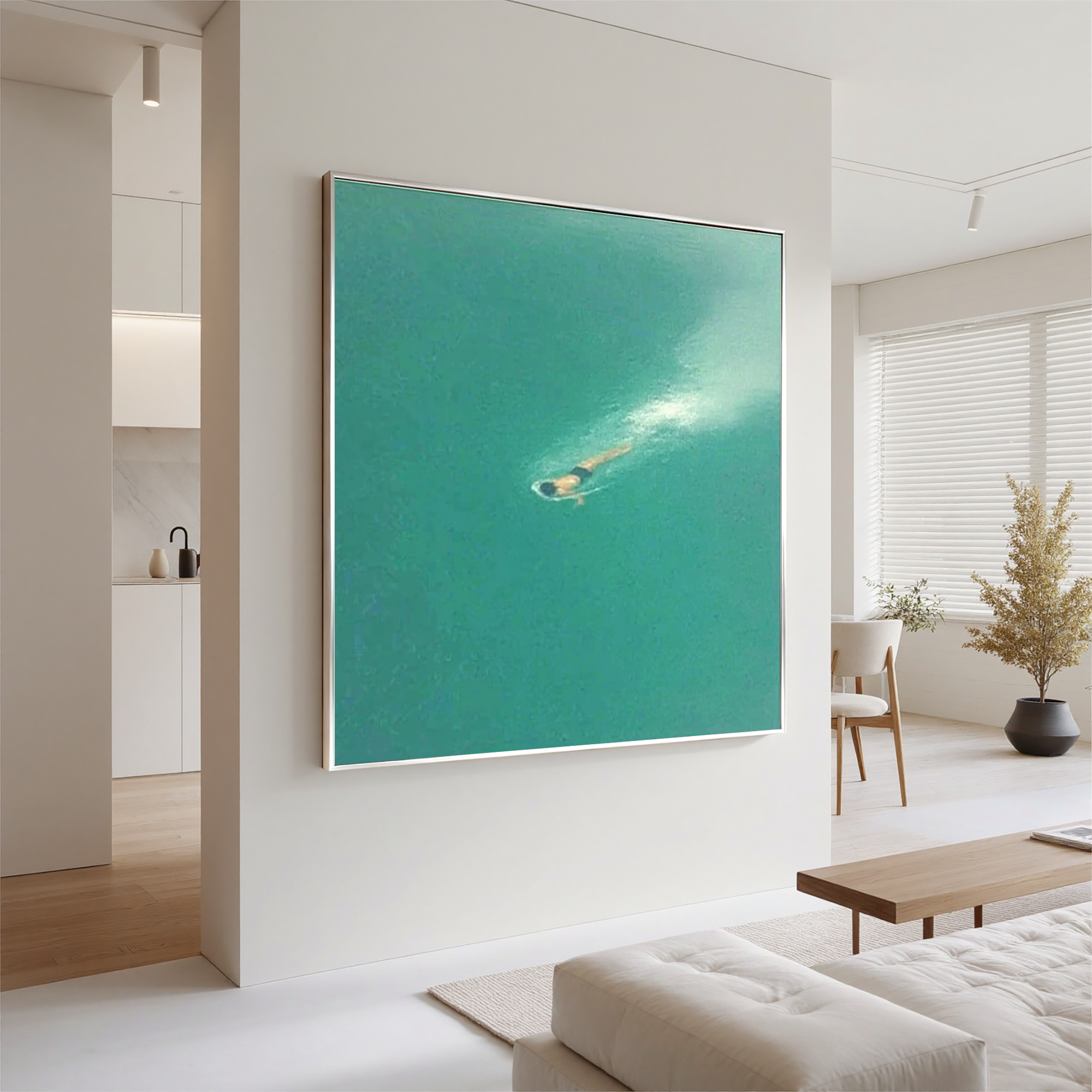 Minimalist Ocean Swimmer Wall Art – Turquoise Sea Canvas Painting for Coastal Bedroom Living Room Decor #OA 0451
