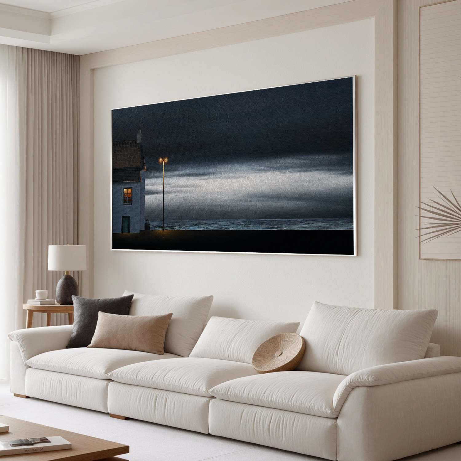 Moody Coastal Night Wall Art with Lonely House and Streetlight, Panoramic Seascape Canvas for Living Room Decor #OA 0735