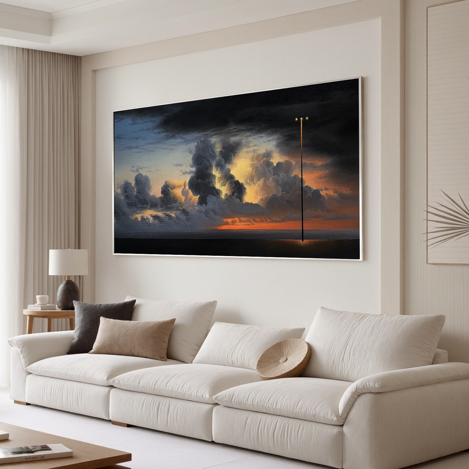 Dramatic Sunset Seascape Wall Art with Lone Streetlight, Panoramic Moody Cloud Landscape Canvas for Living Room Decor #OA 0734