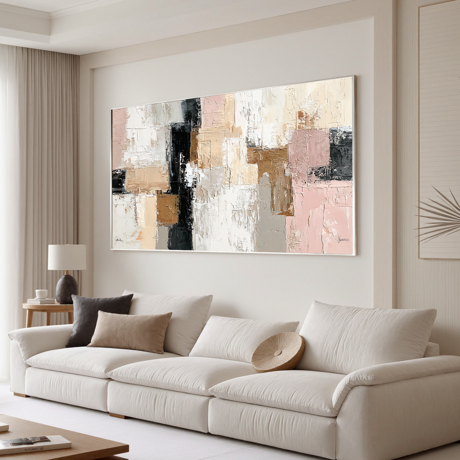 Large Neutral Abstract Canvas Wall Art – Textured Beige Blush Pink Painting for Modern Living Room Decor#OA 0873
