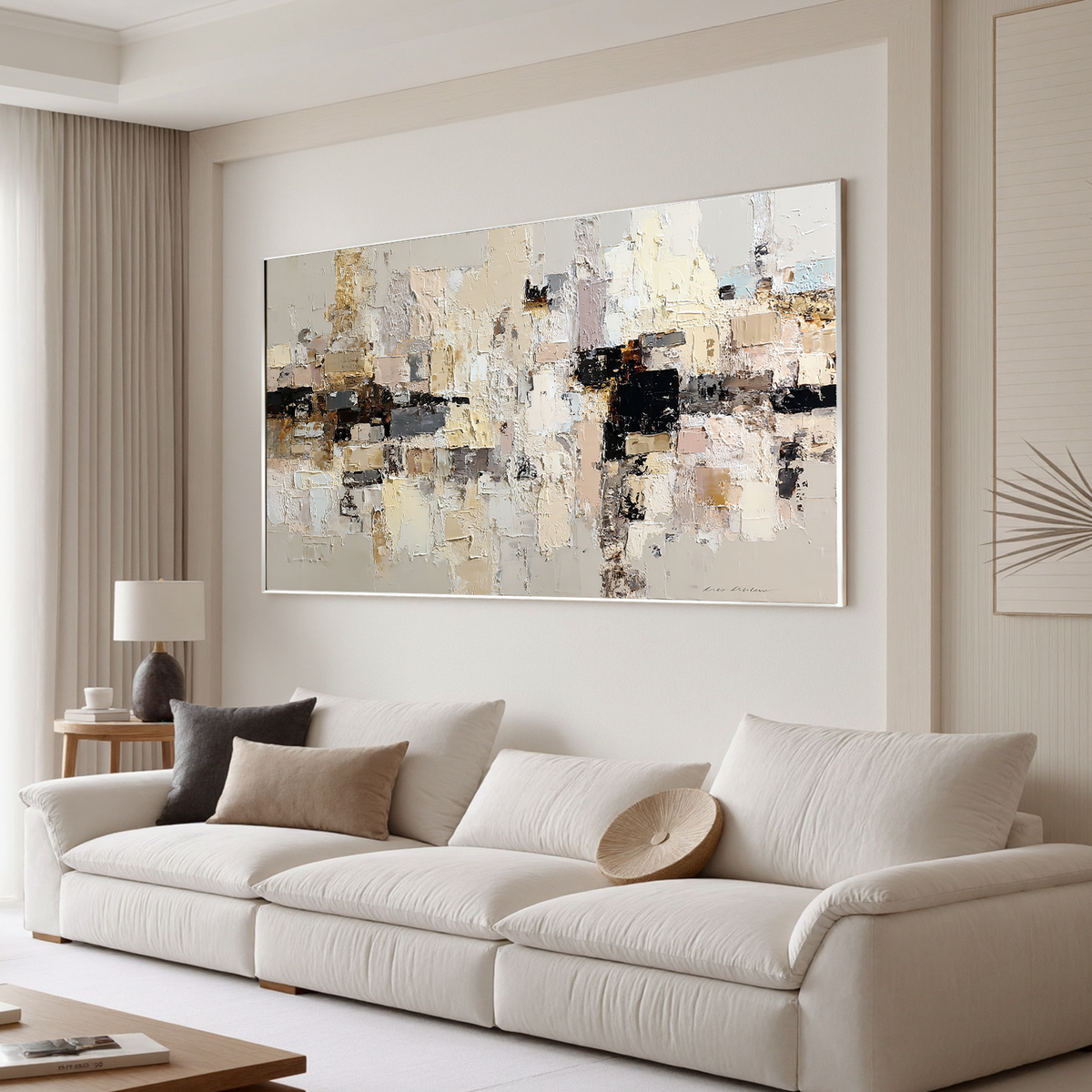 Large Neutral Textured Abstract Canvas Wall Art – Beige Cream Collage Painting for Modern Living Room Decor#OA 0881