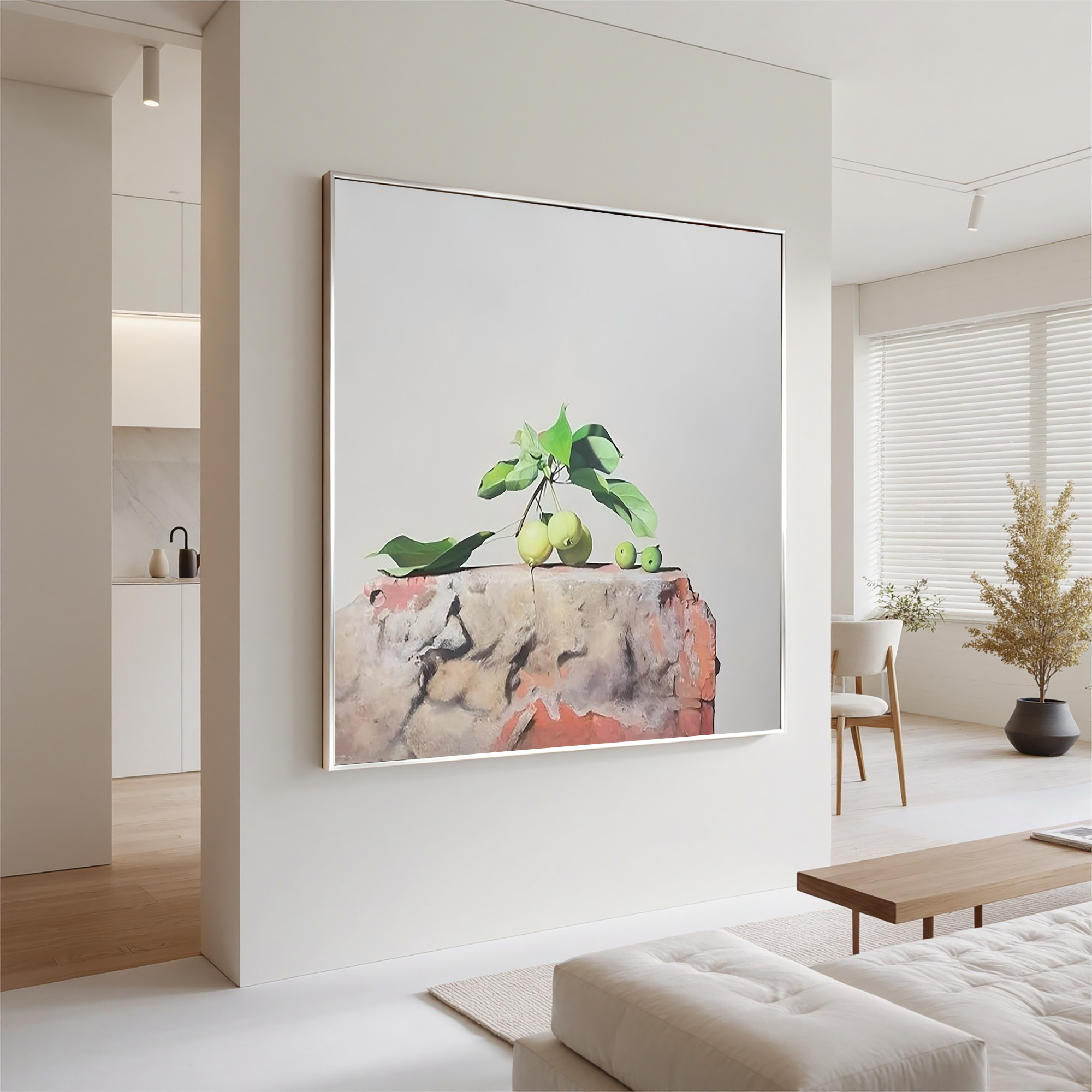 Green Apples on the Stone-Minimalist Green Apple Still Life Wall Art