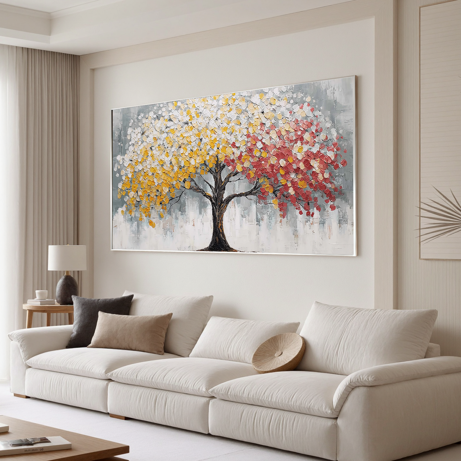Dual Color Tree of Life Canvas Wall Art – Abstract Yellow and Red Textured Painting for Living Room#OA 0855