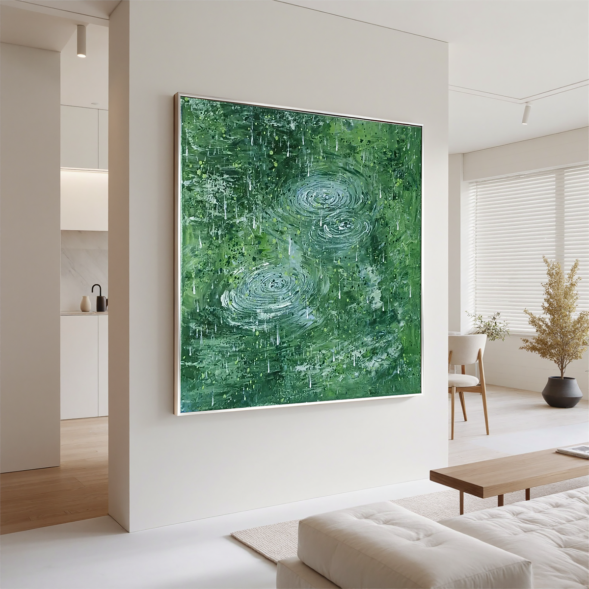 Green Rain Ripple Oil Painting, Abstract Water Wall Art for Living Room Decor#OA 0613