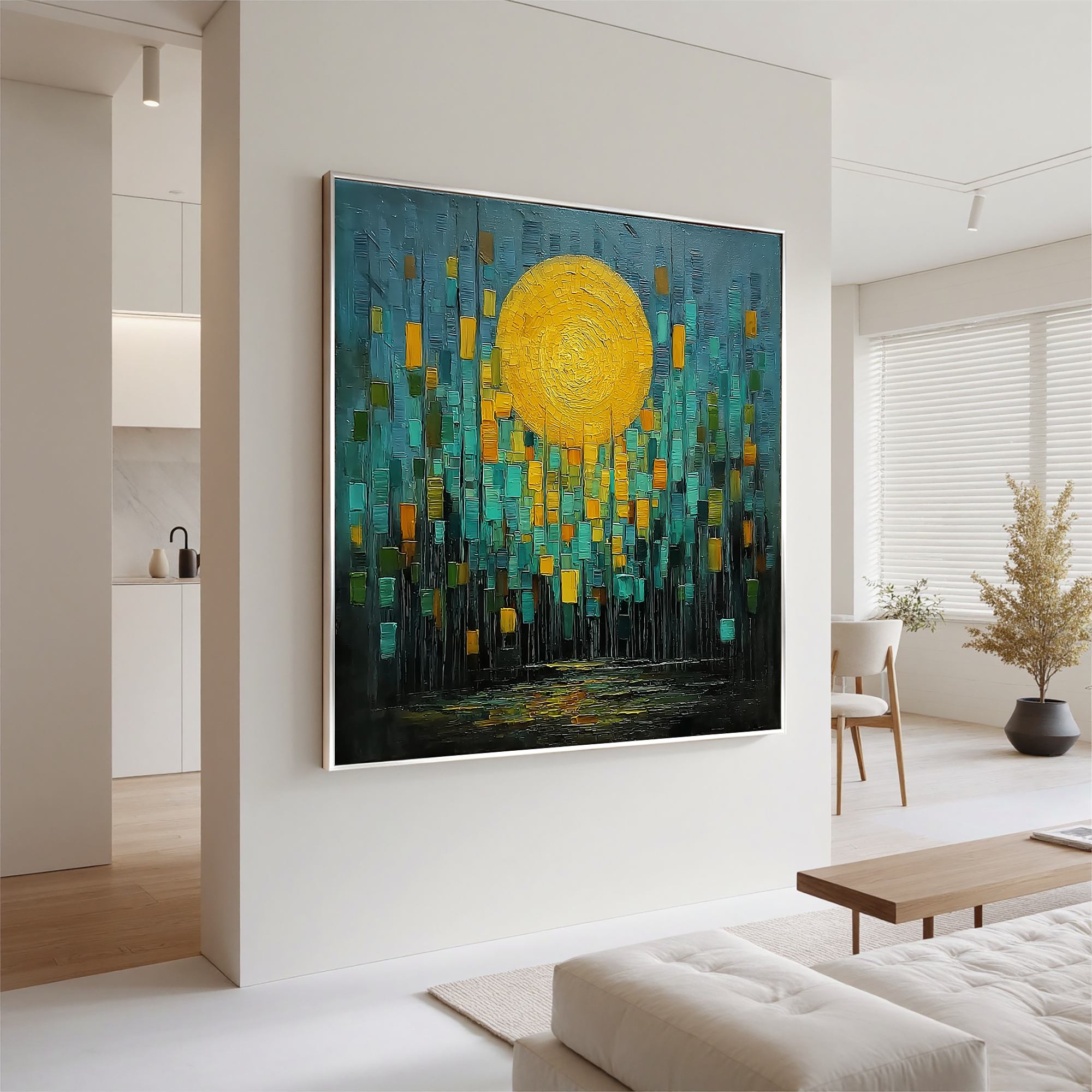 Abstract Golden Moon Oil Painting | Modern Teal & Gold Textured Wall Art for Living Room Decor #OA 0432