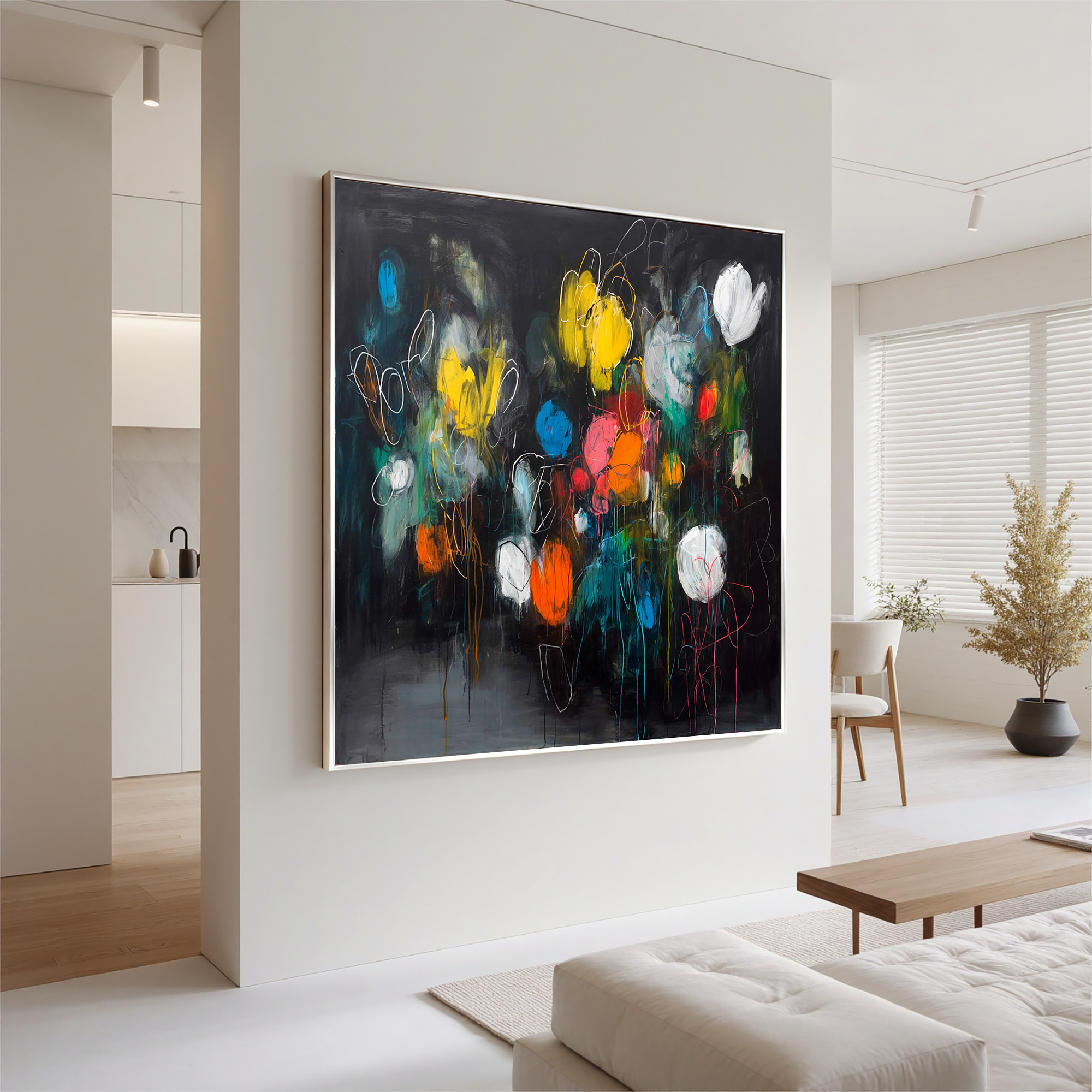 Abstract Dark Floral Oil Painting Canvas – Modern Colorful Wall Art for Living Room Contemporary Home Decor#OA 0466