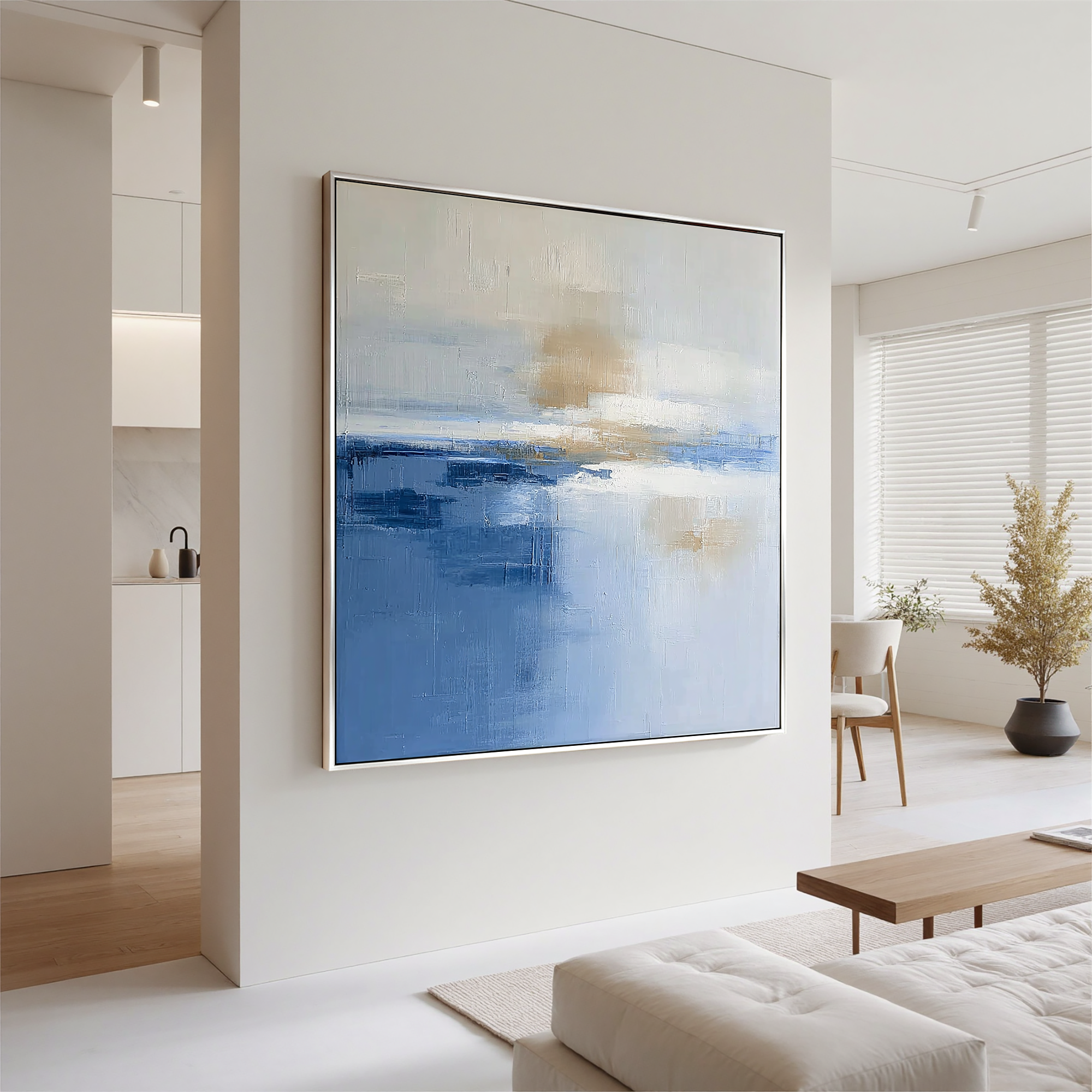 Abstract Blue Seascape Oil Painting Canvas – Minimalist Horizon Wall Art for Living Room Modern Home Decor#OA 0483