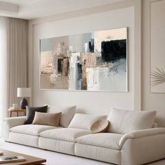 Large Neutral Abstract Canvas Wall Art – Modern Textured Black White Beige Painting for Living Room Decor#OA 0874