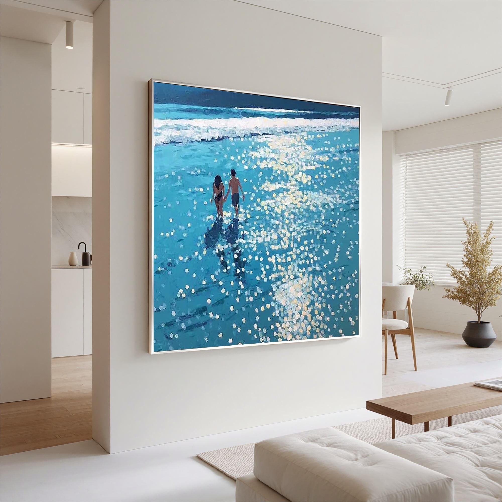 Romantic Beach Couple Wall Art, Blue Ocean Canvas Painting with Sunlight Reflection for Living Room Décor #OA 0423