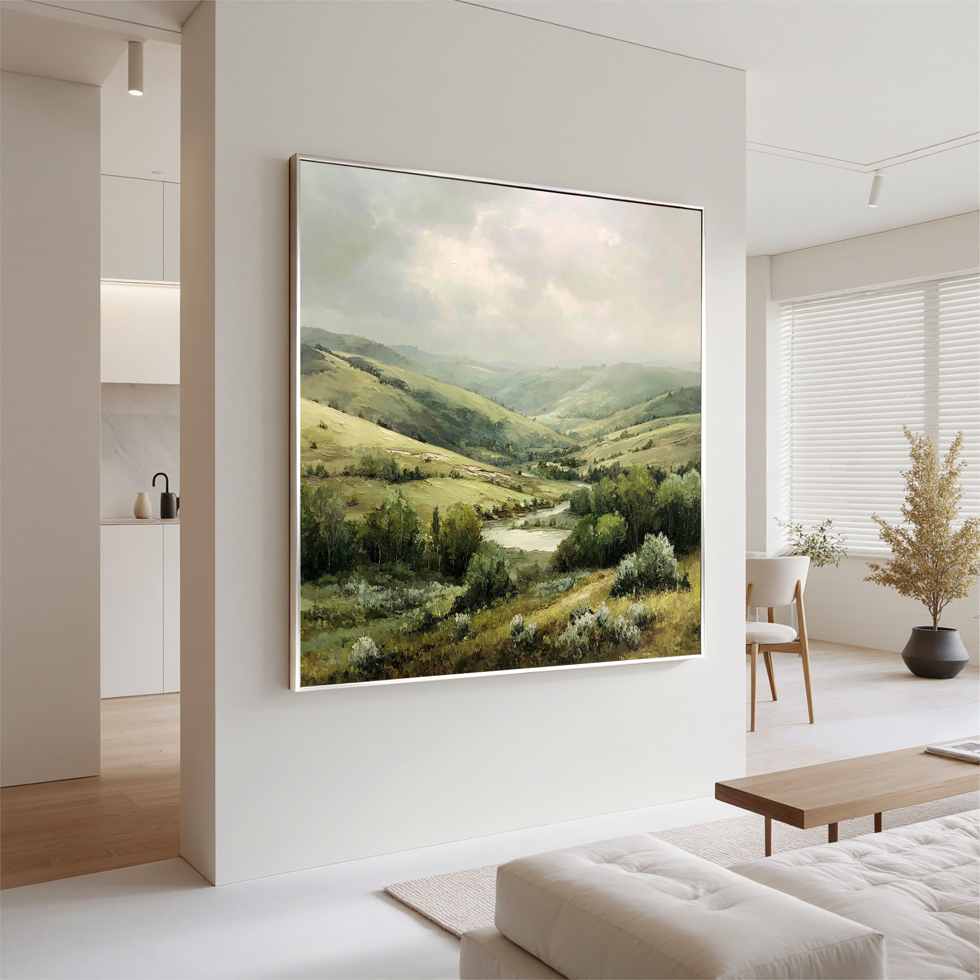 Serene Valley Landscape Canvas Wall Art – Rolling Hills River Nature Painting for Living Room Decor#OA 0868