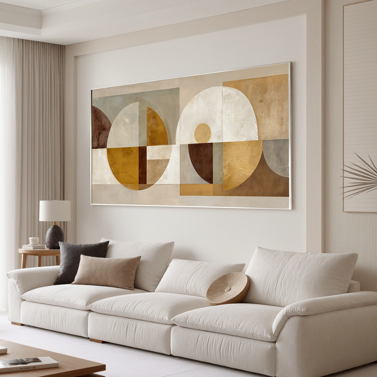 Modern Geometric Abstract Canvas Wall Art – Neutral Beige and Gold Mid Century Large Horizontal Painting for Living Room Decor#OA 0861