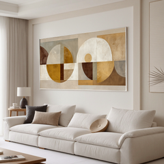 Modern Geometric Abstract Canvas Wall Art – Neutral Beige and Gold Mid Century Large Horizontal Painting for Living Room Decor#OA 0861