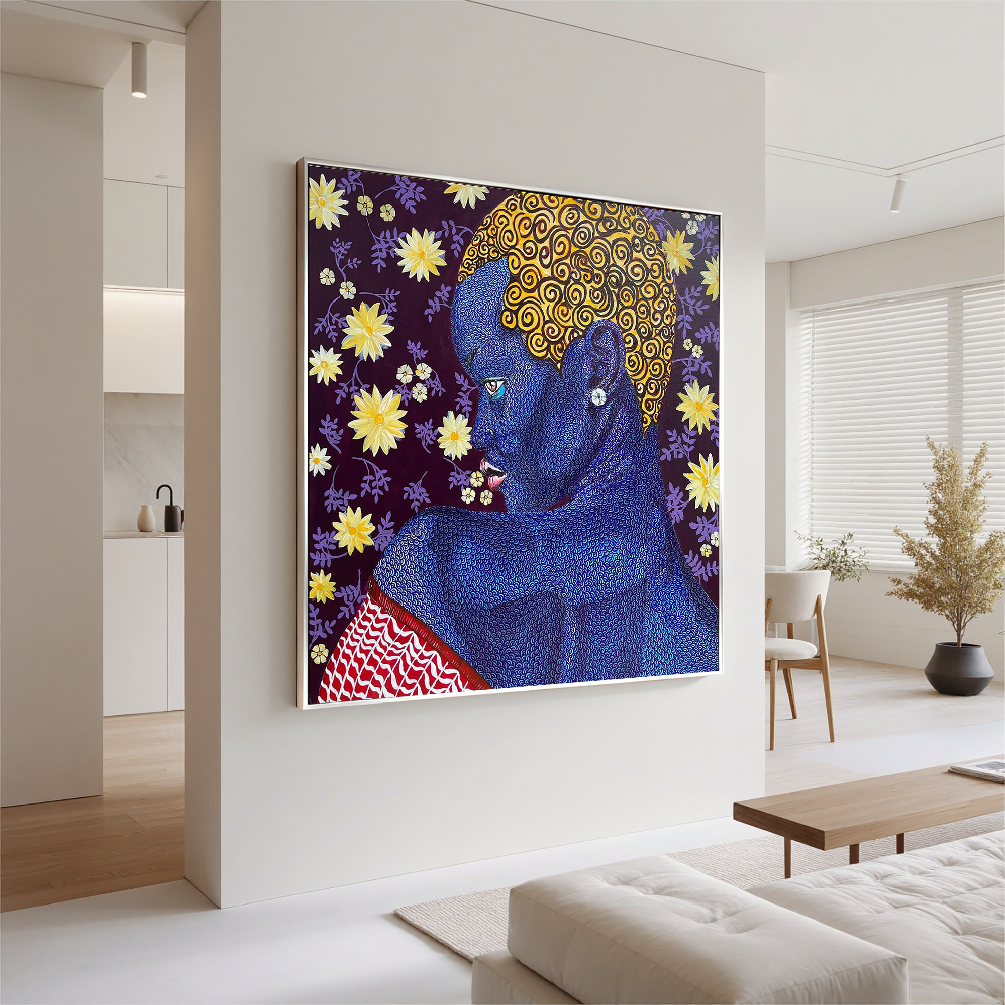 Blue Woman Portrait Oil Painting, African Inspired Figurative Wall Art for Living Room Decor#OA 0610
