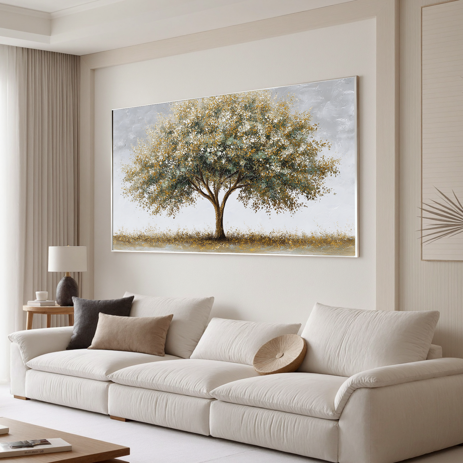 Golden Tree Canvas Wall Art – Minimalist Nature Painting for Modern Living Room Decor#OA 0851