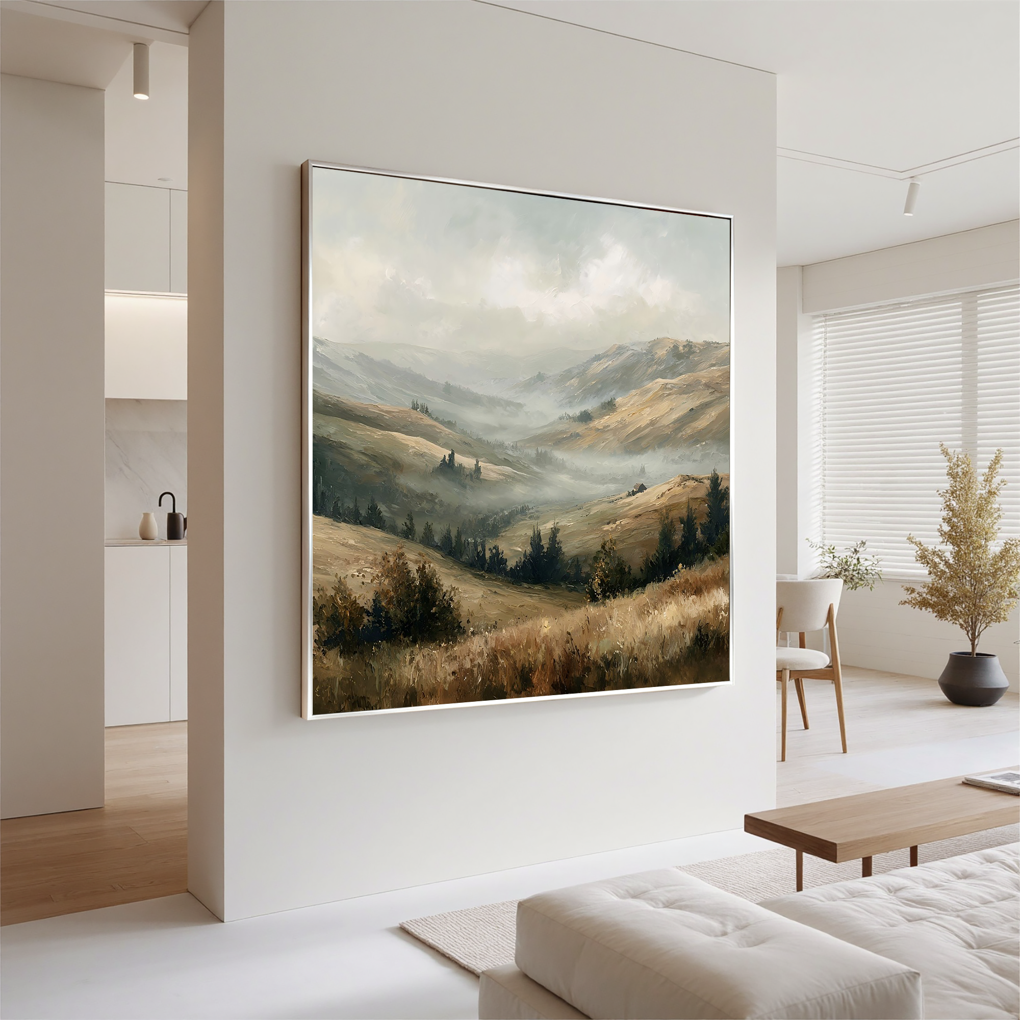 Misty Mountain Valley Landscape Painting – Neutral Rustic Wall Art#OA 0898