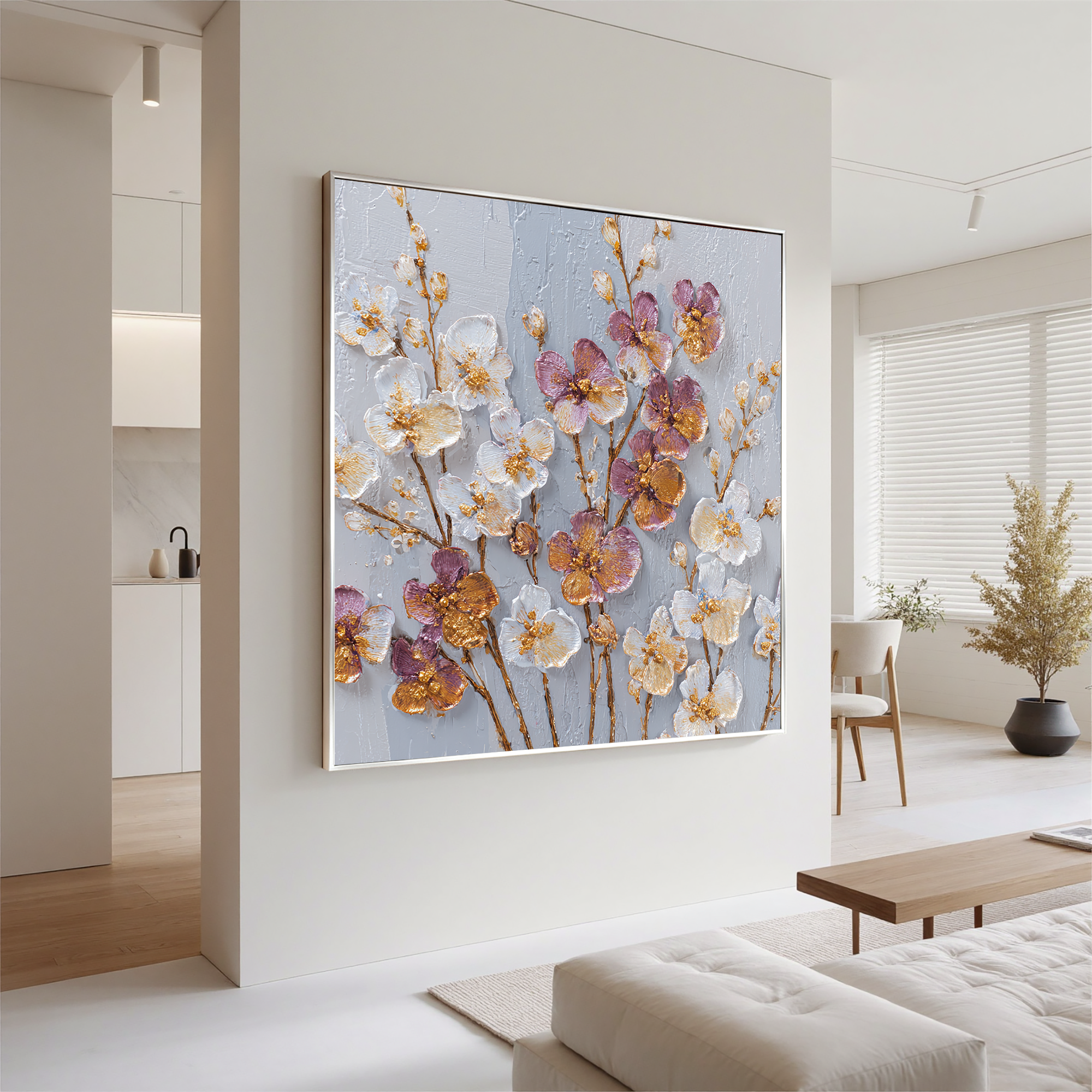 Luxury Floral Canvas Wall Art – White & Purple Flowers with Gold Texture for Elegant Home Decor#OA 0849