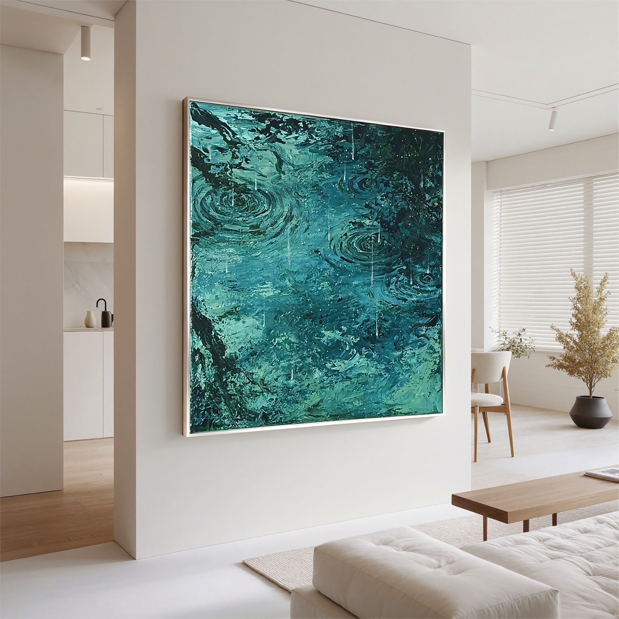 Teal Rain Ripple Oil Painting, Abstract Water Wall Art for Living Room Decor#OA 0604