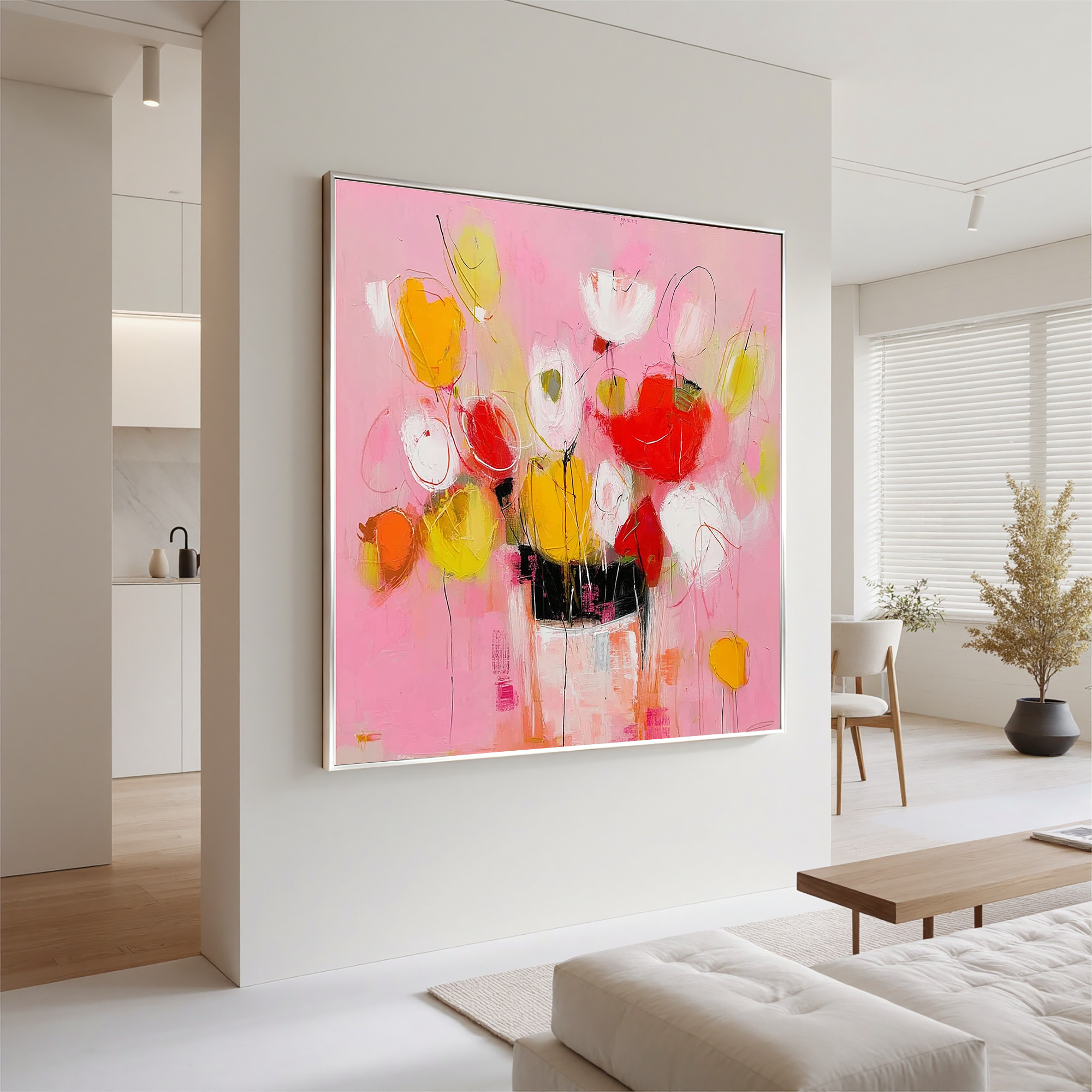 Pink Floral Oil Painting Canvas – Modern Abstract Flower Vase Wall Art for Living Room Home Decor#OA 0487