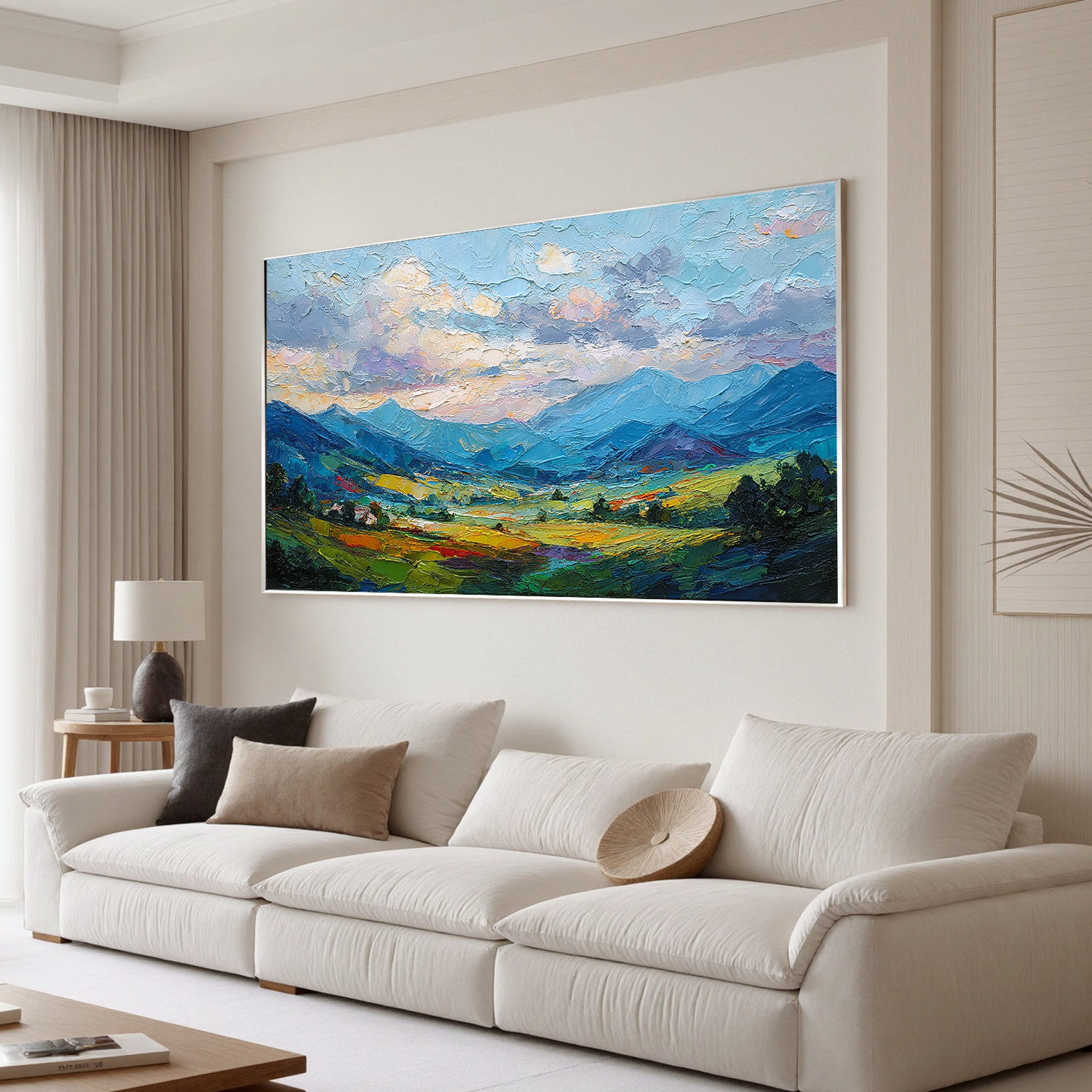 Large Colorful Mountain Landscape Oil Painting – Textured Panorama Canvas Wall Art for Living Room#OA 0888