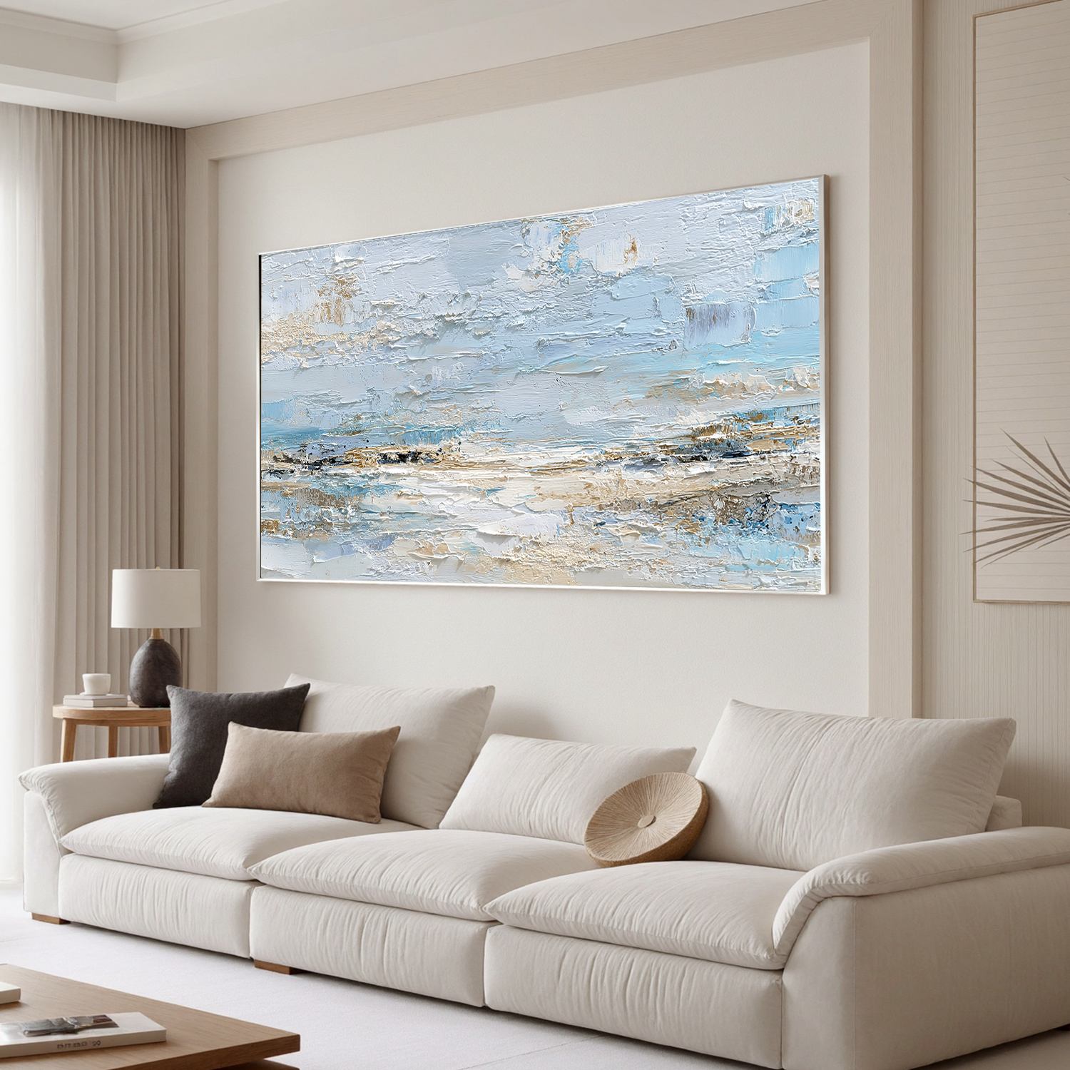 Large Abstract Coastal Canvas Wall Art – Soft Blue & Neutral Seascape Painting for Modern Living Room Decor#OA 0842