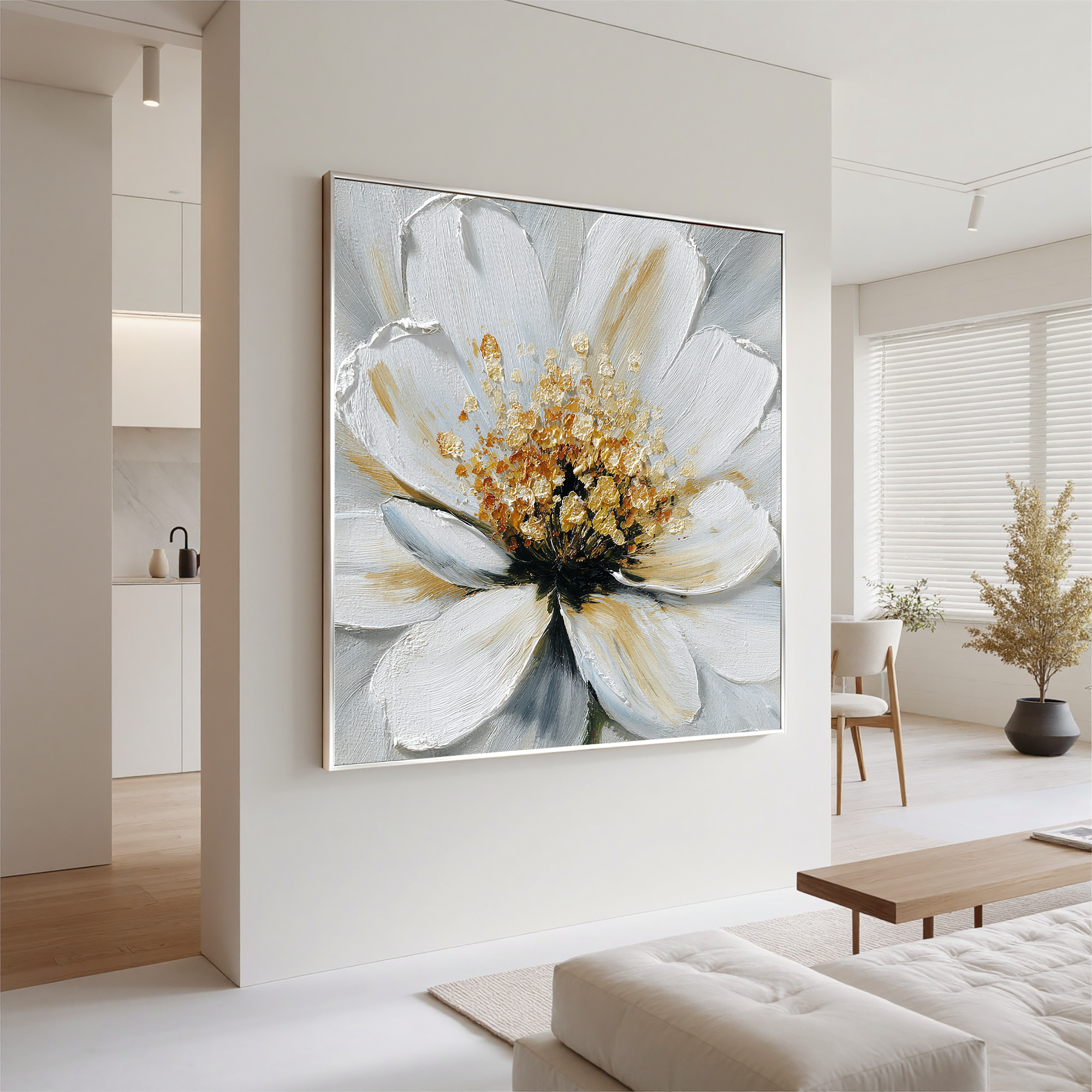 White Flower Canvas Wall Art – Elegant Floral Painting with Gold Texture for Modern Home Decor#OA 0847