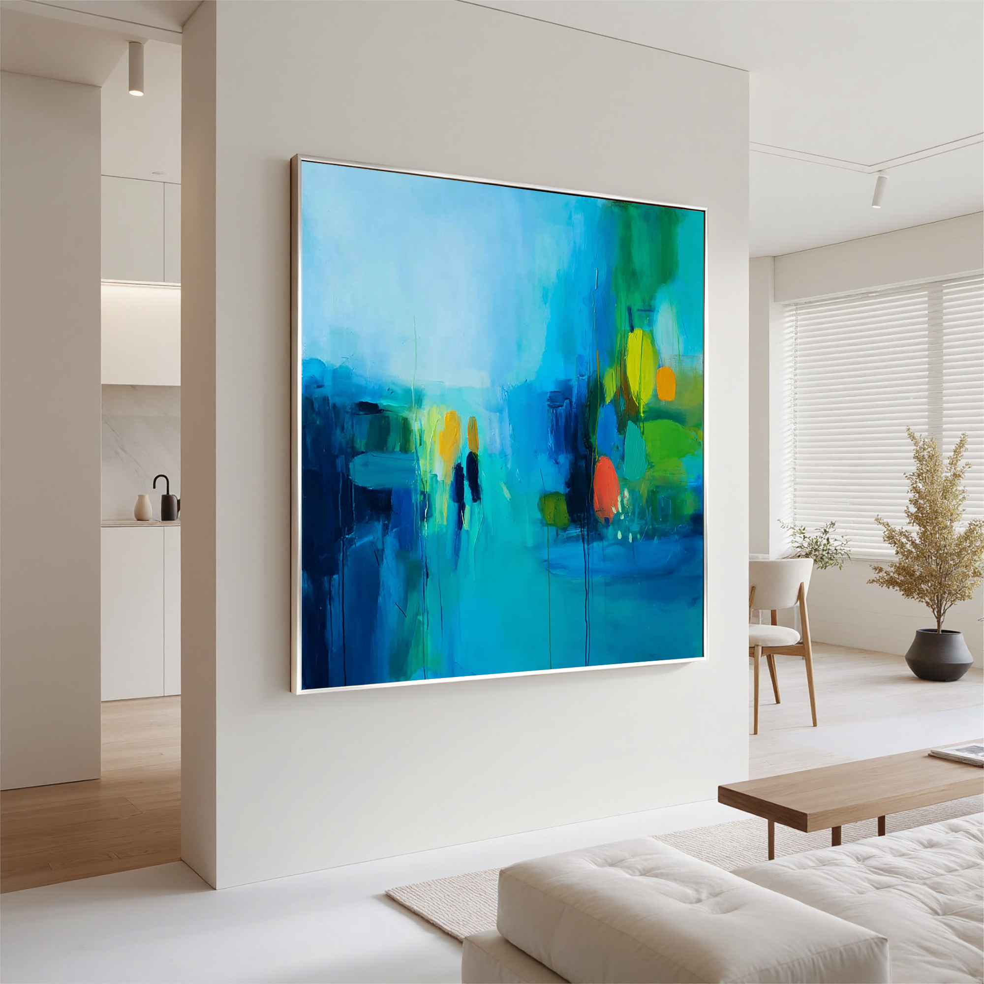 Abstract Blue Cityscape Oil Painting Canvas – Modern Figurative Wall Art for Living Room Contemporary Home Decor#OA 0500